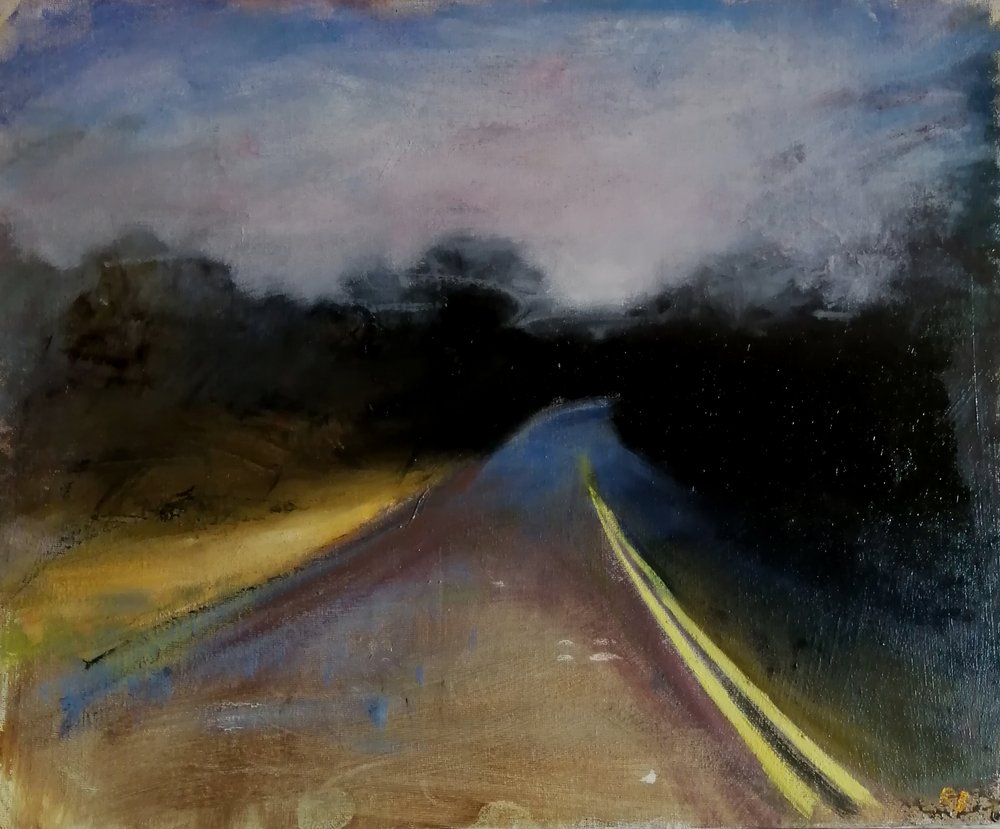  Yellow lines  45x36cm Oil on board    £410  An oil painting featuring yellow road lines in the twilight, as the landscape becomes changed by headlamps, and in urban areas, street lighting. This road is in rural Wiltshire, England, where the sky is o