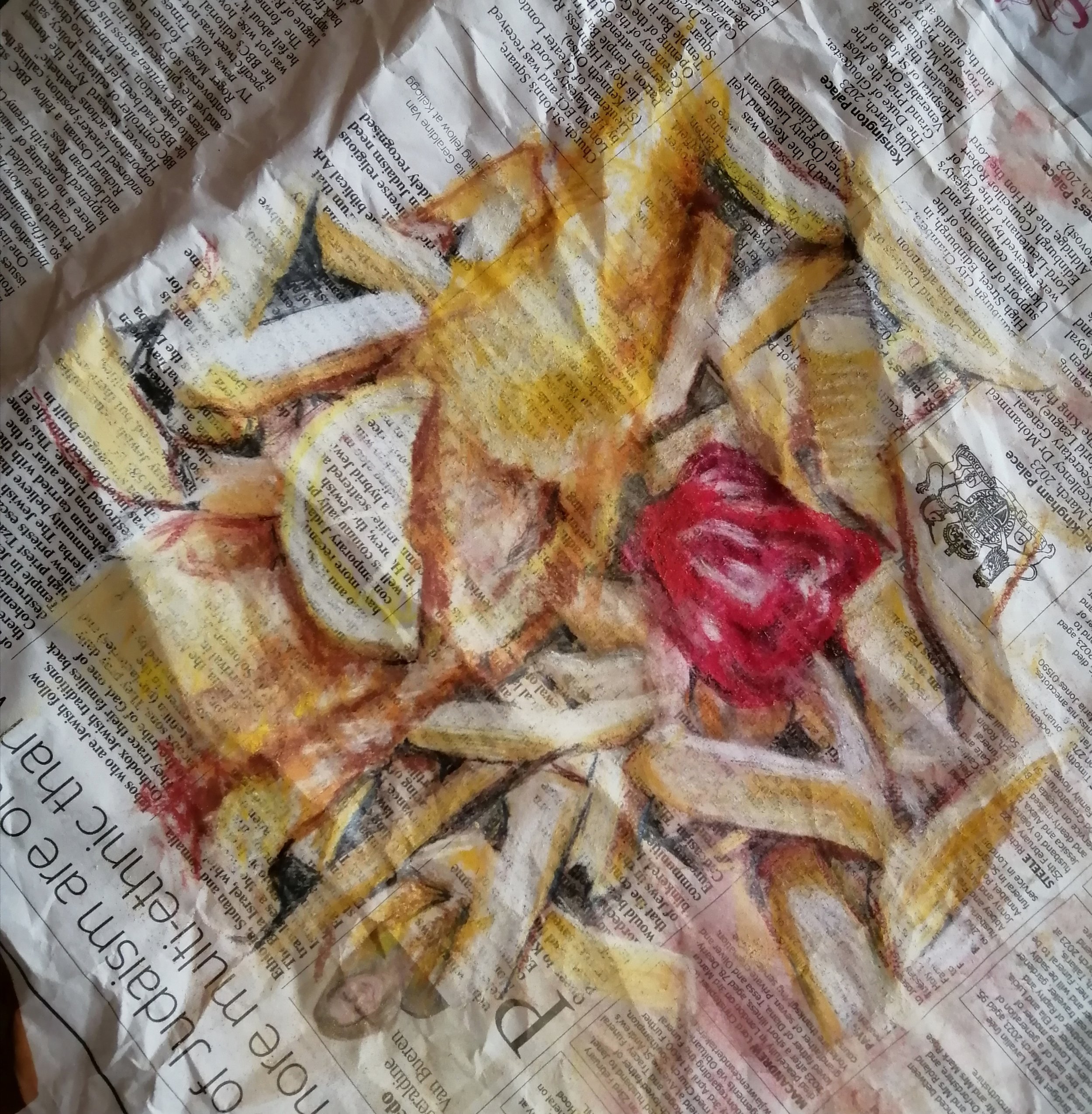  Fish, chips, and a dollop of ketchup, day 2  Pastel on newspaper 