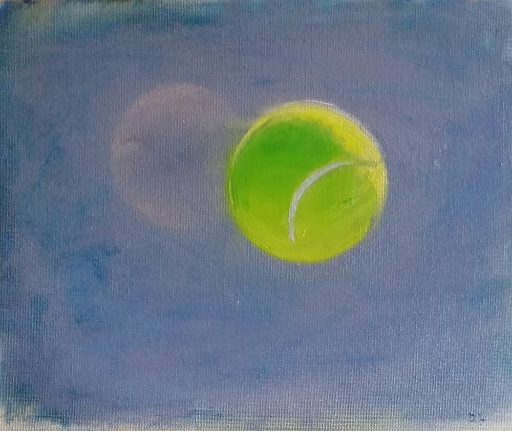  Love All  Oil on board  31x26cm  SOLD  An unusual and enigmatic still life artwork - a tennis ball in mid air; a feeling of time standing still arises from this, along with another layer of meaning emerging from the curious wording used to keep scor