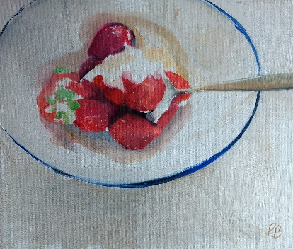  Strawberries and cream  Oil on board  31x26cm  SOLD  Exhibited at the Royal Institute of Oil Painters exhibition 2018. Mall Galleries London 