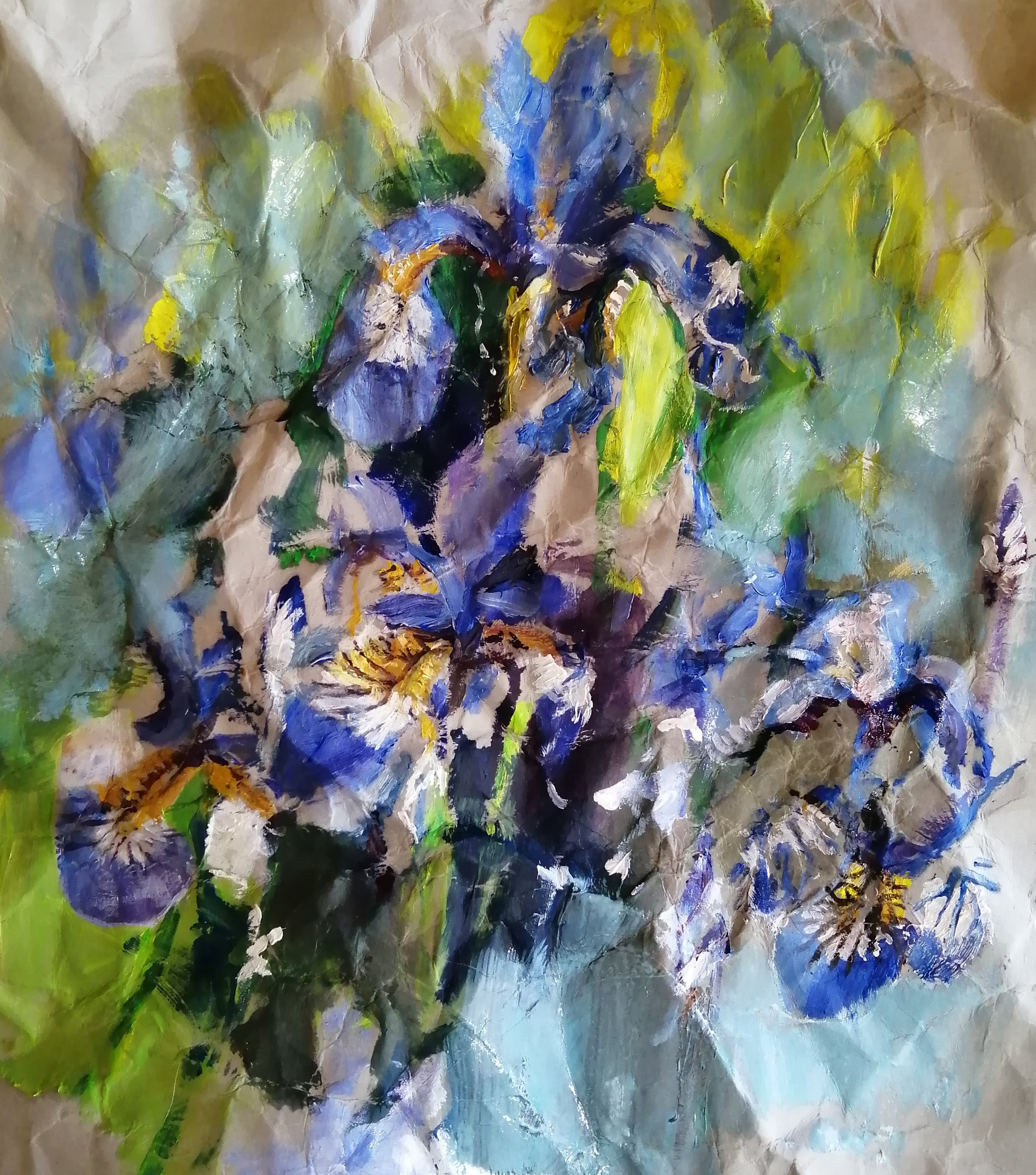 Irises, day 3  Oil on crumpled paper 