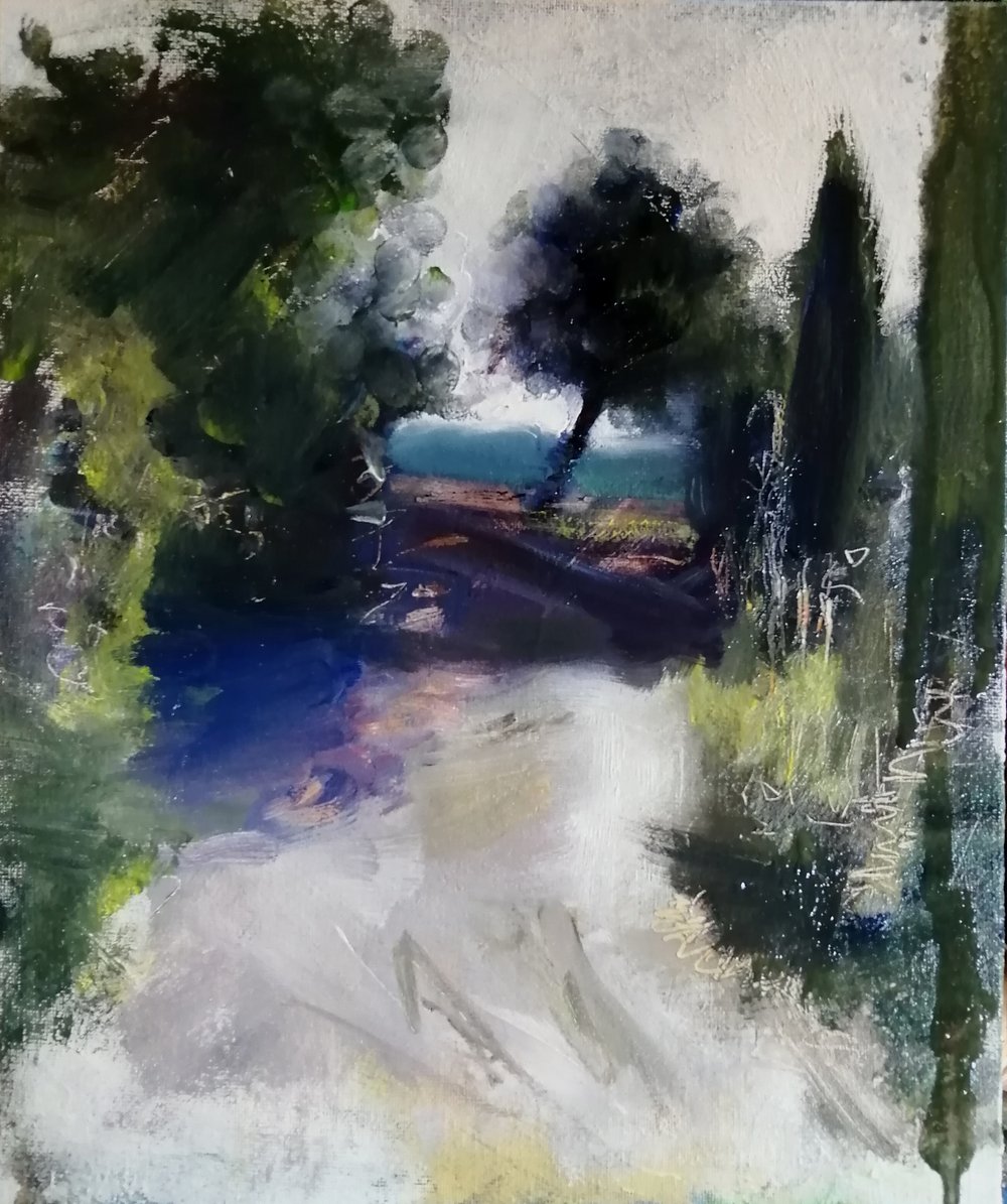  Evening colours  Oil on board  26x31cm  £400  Evening colours in a garden shrunk to deep indigos and shimmering foliage against the backdrop of a fading sky. Painted in an impressionist, gestural style. 