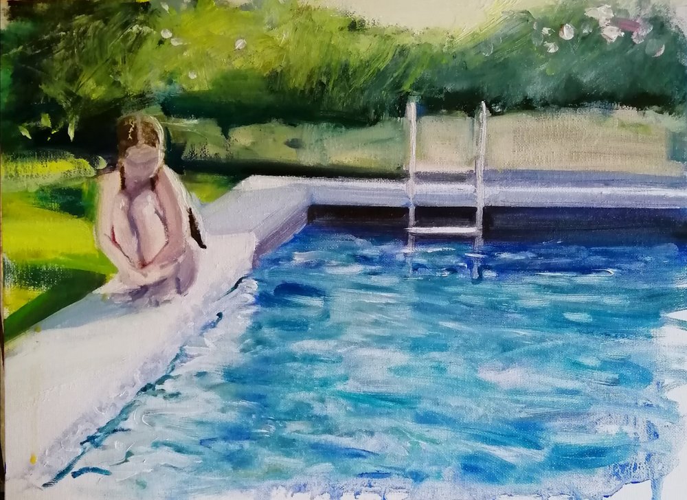  Poolside  Oil on board  40x30cm  SOLD  A cheerful summer painting of the artist's daughter drying off beside a pool. The iridescent translucence of the pool combined with the deep shadows and contrasting accents in the garden behind offer a painting