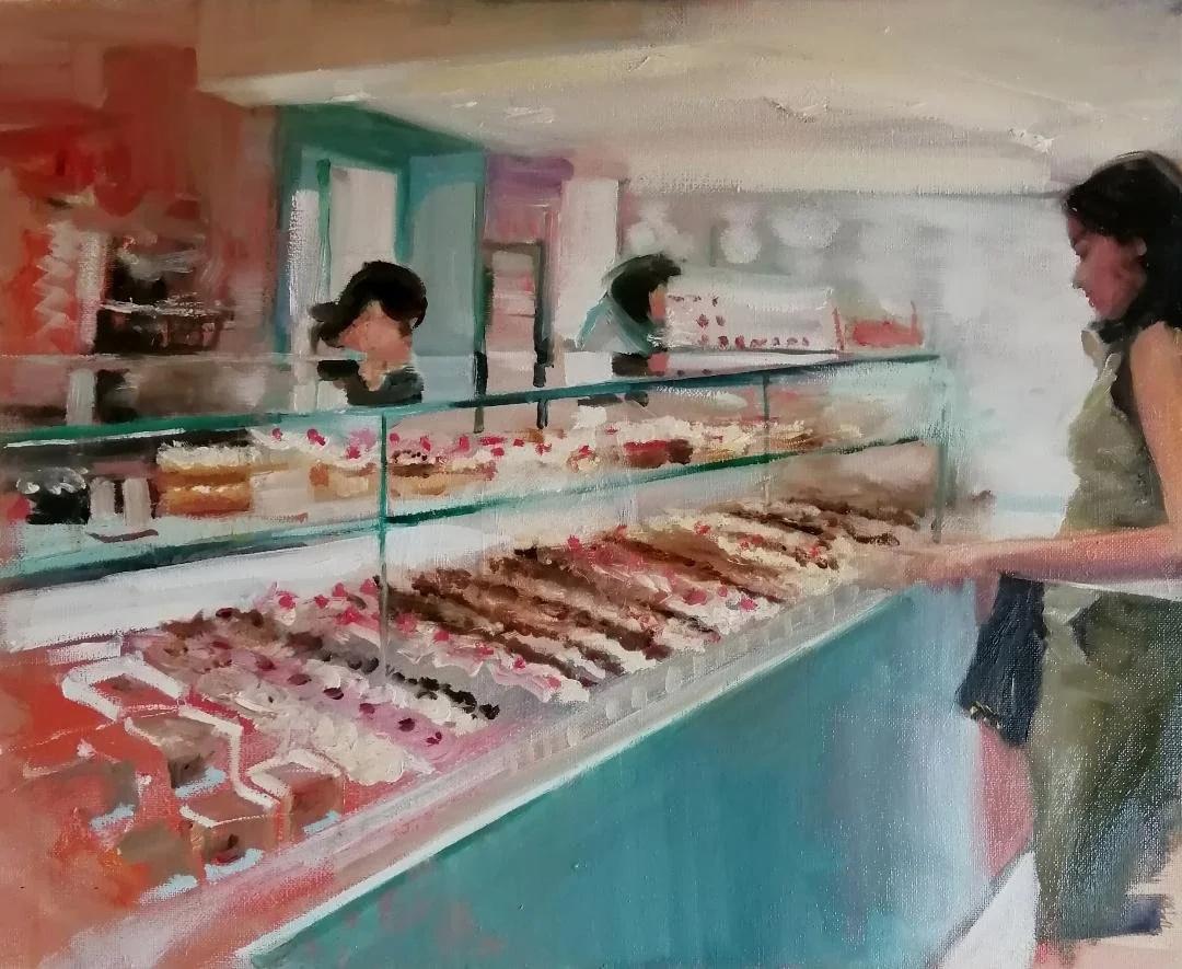  Cake counter Oil on canvas shown at Zari Gallery London for the Art Gemini Prize 2023 finalists exhibition  SOLD  Cake counter' - the title points us to a long diagonal counter full of delicious iced cakes in the glamorously lit food hall of Selfrid