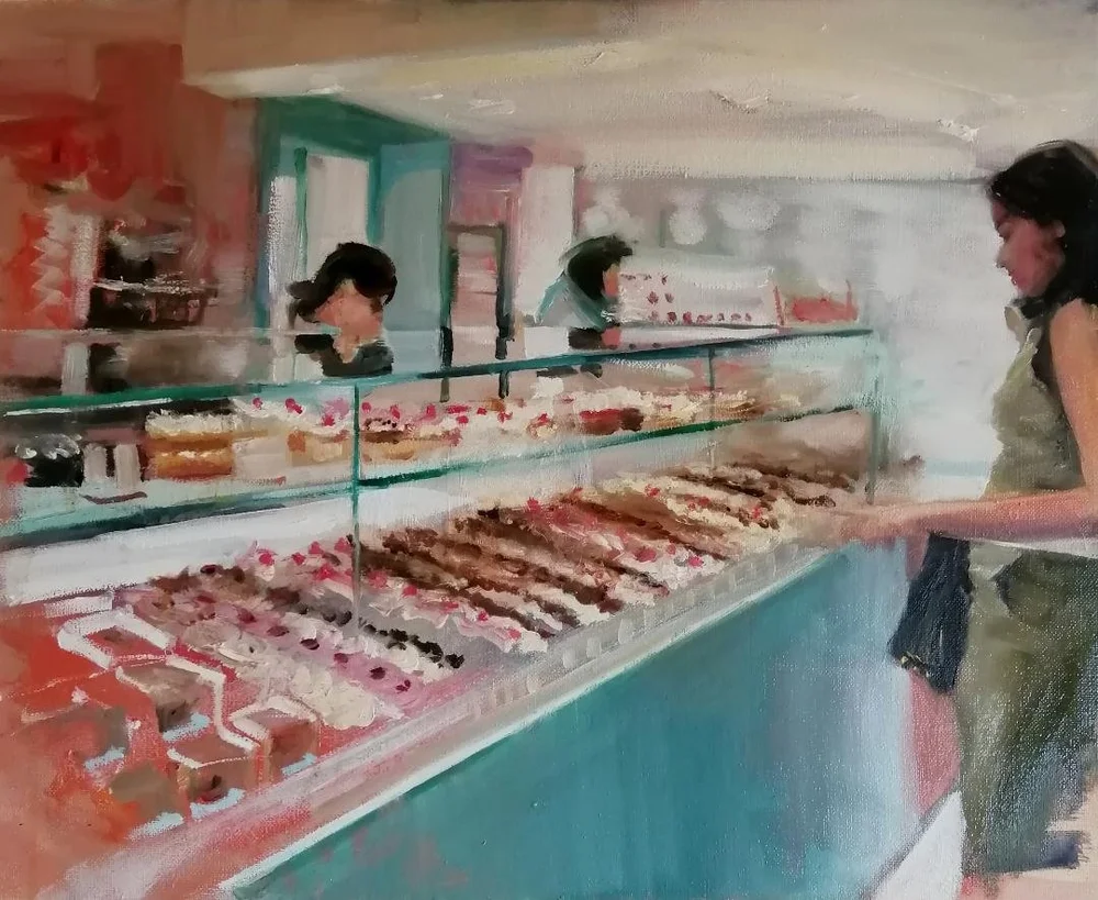  Cake counter Oil on canvas shown at Zari Gallery London for the Art Gemini Prize 2023 finalists exhibition  SOLD  Cake counter' - the title points us to a long diagonal counter full of delicious iced cakes in the glamorously lit food hall of Selfrid