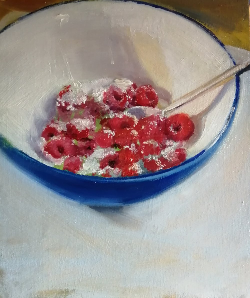  Raspberries and sugar  Oil on board  26x31cm  SOLD 