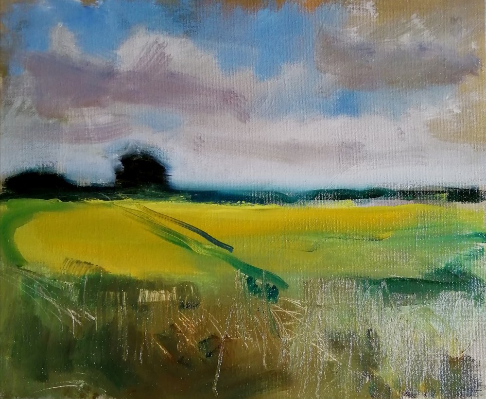  Summer fields  Oil on board  31x26cm  £400  An impressionist oil sketch of fields in rural Wiltshire, England, on a summer's day. Distance is implied with gestural marks which take our eye to the horizon which is rendered in soft green. Colourful an