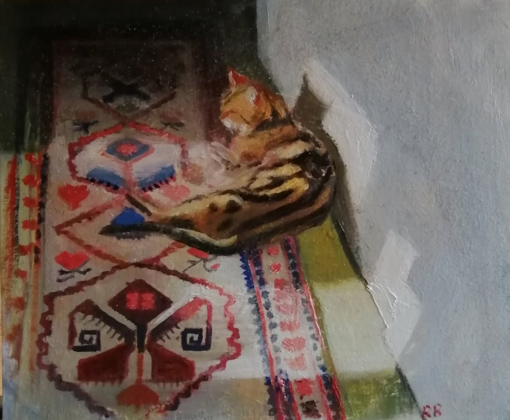  Cat on a Persian mat  Oil on board  31x26cm  SOLD 