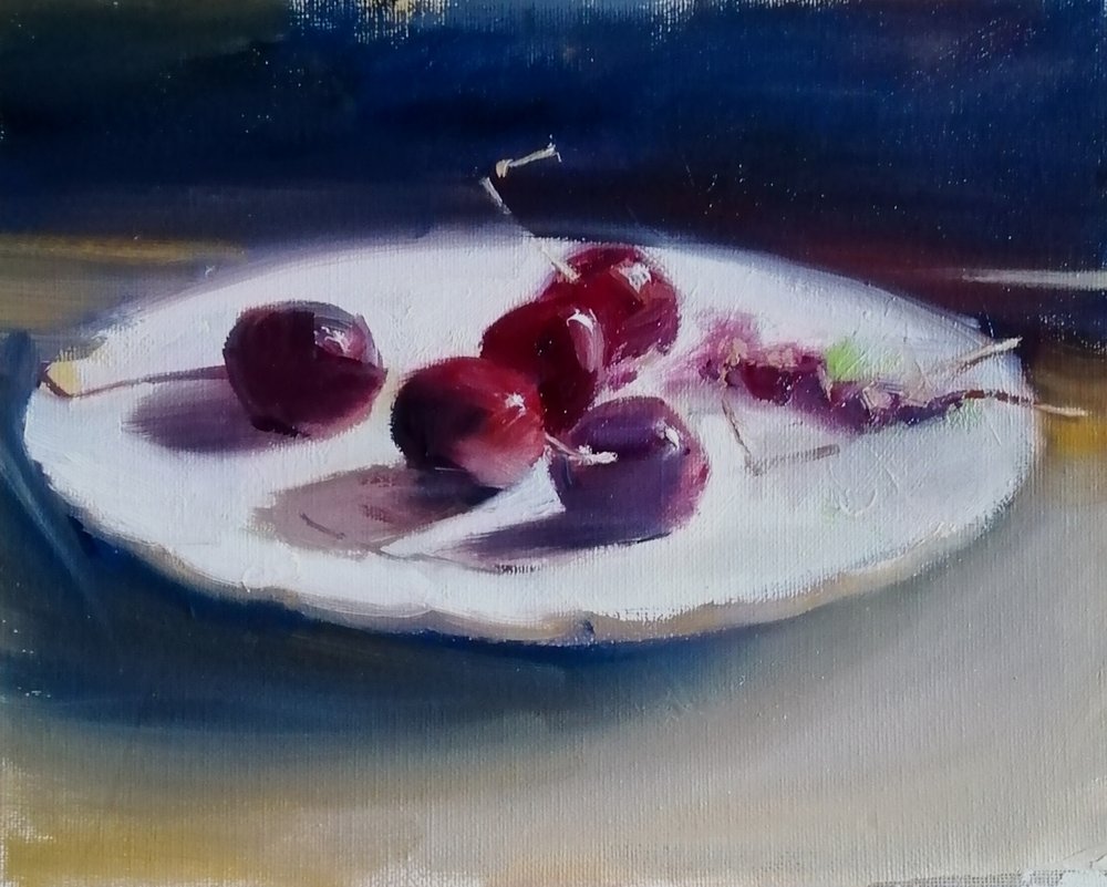  Cherries and stones  Oil on board  26x22cm  SOLD 