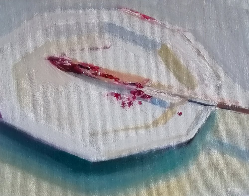  A poetry in electric light  Oil on board  26x20cm  £400  The light cast from an artificial electric source can create poetic surrounding colours and complementing shapes. An empty plate with a jam smeared knife plays host to these effects. 