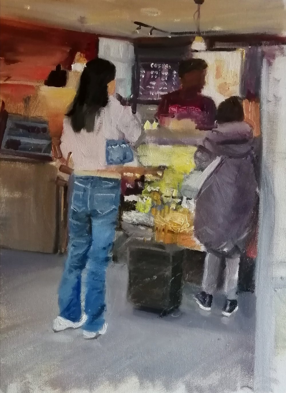   Coffee queue  Oil on board  26x31cm  not currently available 