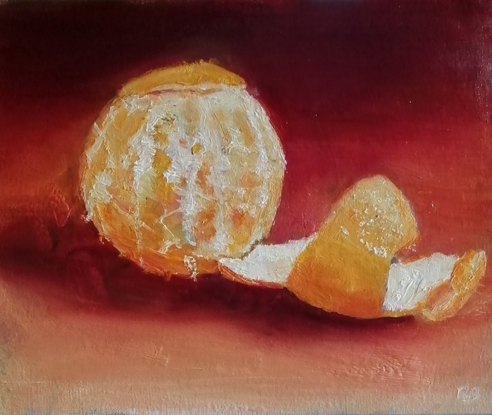  End of an orange  Oil on board  31x26cm  not currently available  This piece was created at the start of the new year, so the title' End of an orange' seemed fitting, not only to suggest a new era, but it also refers to the spiralling peel revealing