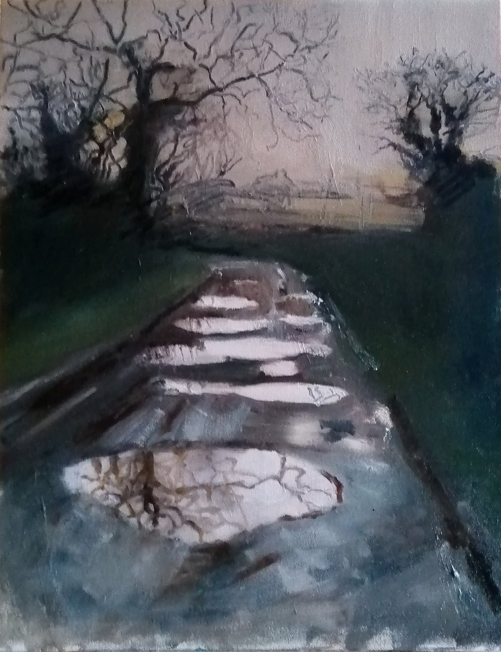  Late light  Oil on board  30x40cm  £450  Stepping through the puddles on a late winter’s evening in Wiltshire 