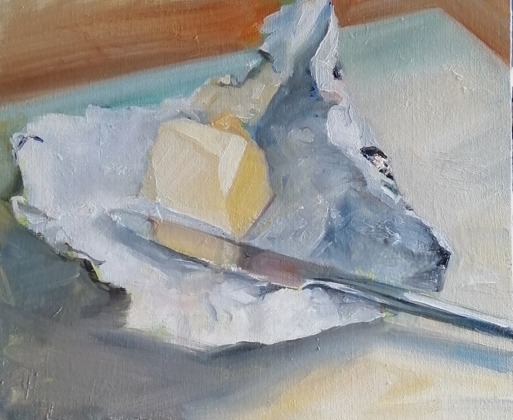  Butter knife  Oil on board  31x26cm  £400  A still life oil painting of a piece of butter in its foil wrapping, and a knife in which the butter is subtly reflected. Mellow colours and light blend to present an enigmatic composition full of understat