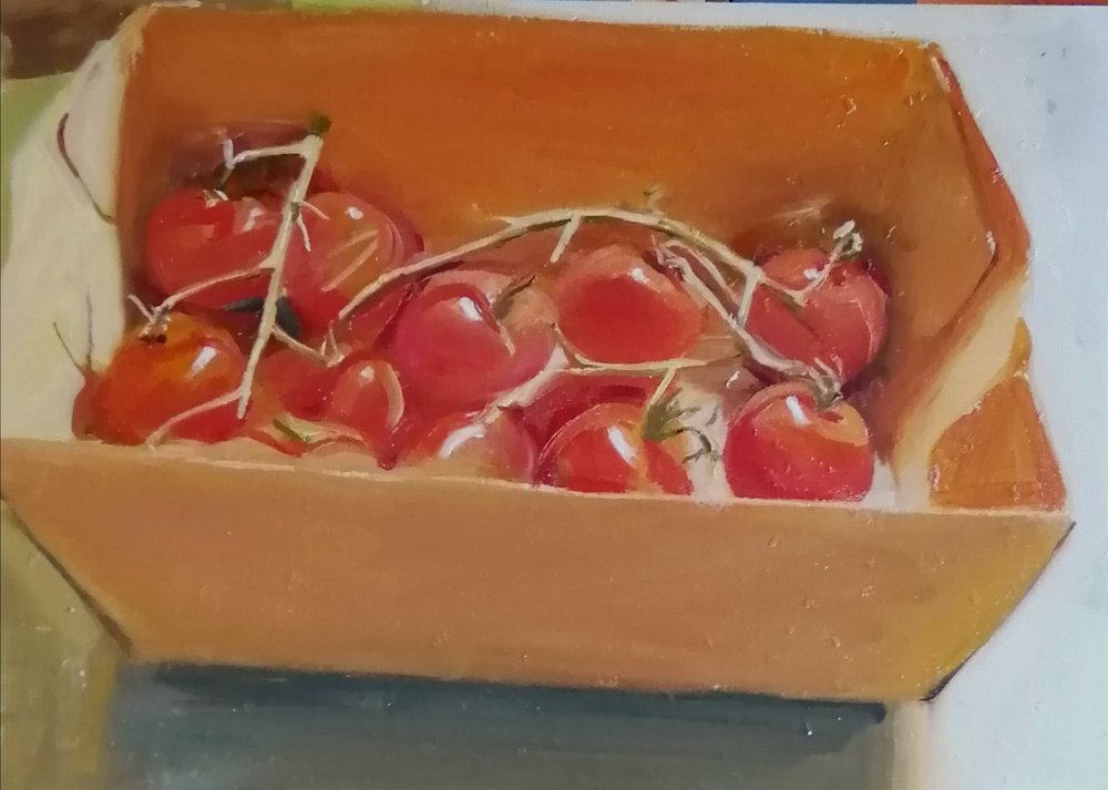  Tomatoes in a box  Oil on board  40x30cm  £400 