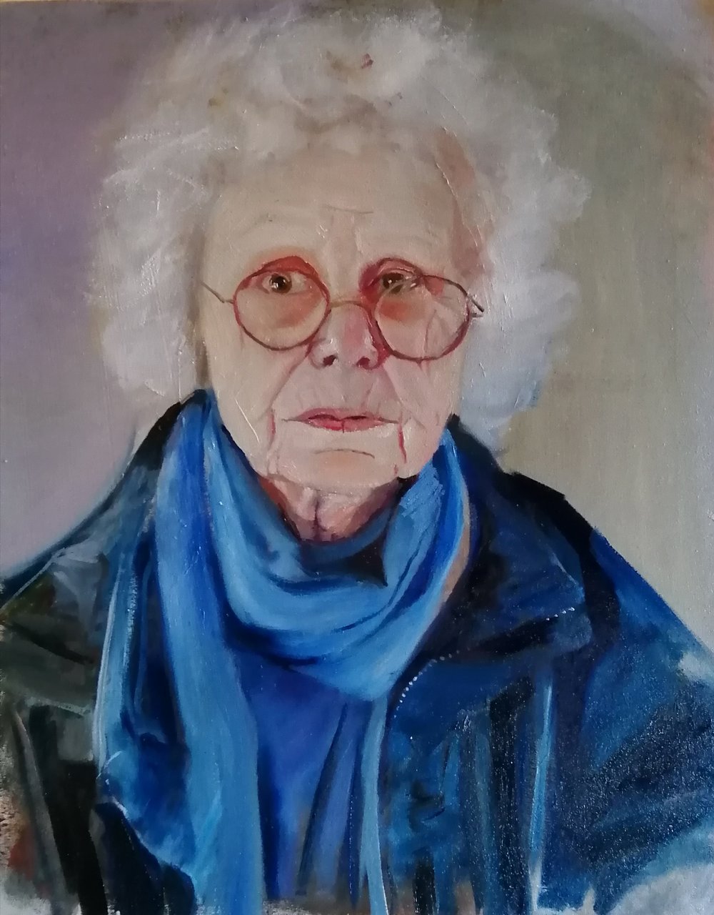  Angela’s scarf  Oil on canvas  40x50cm  not currently available  A portrait of Angela, an older woman who demonstrates a dignity, and even glamour in old age 