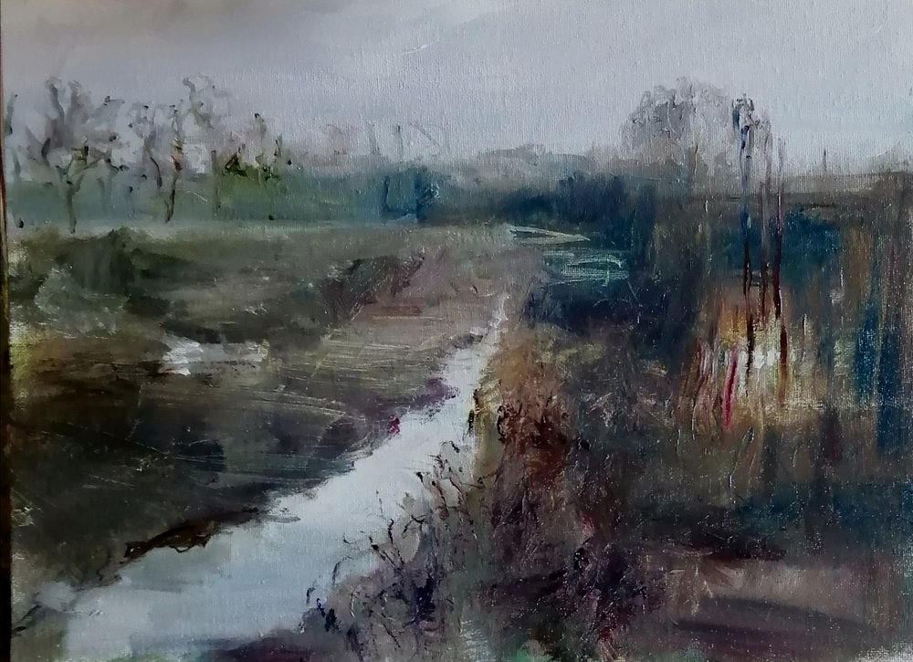  Train journey  Oil on board  40x30cm  £400  A flooded landscape next to the train tracks 
