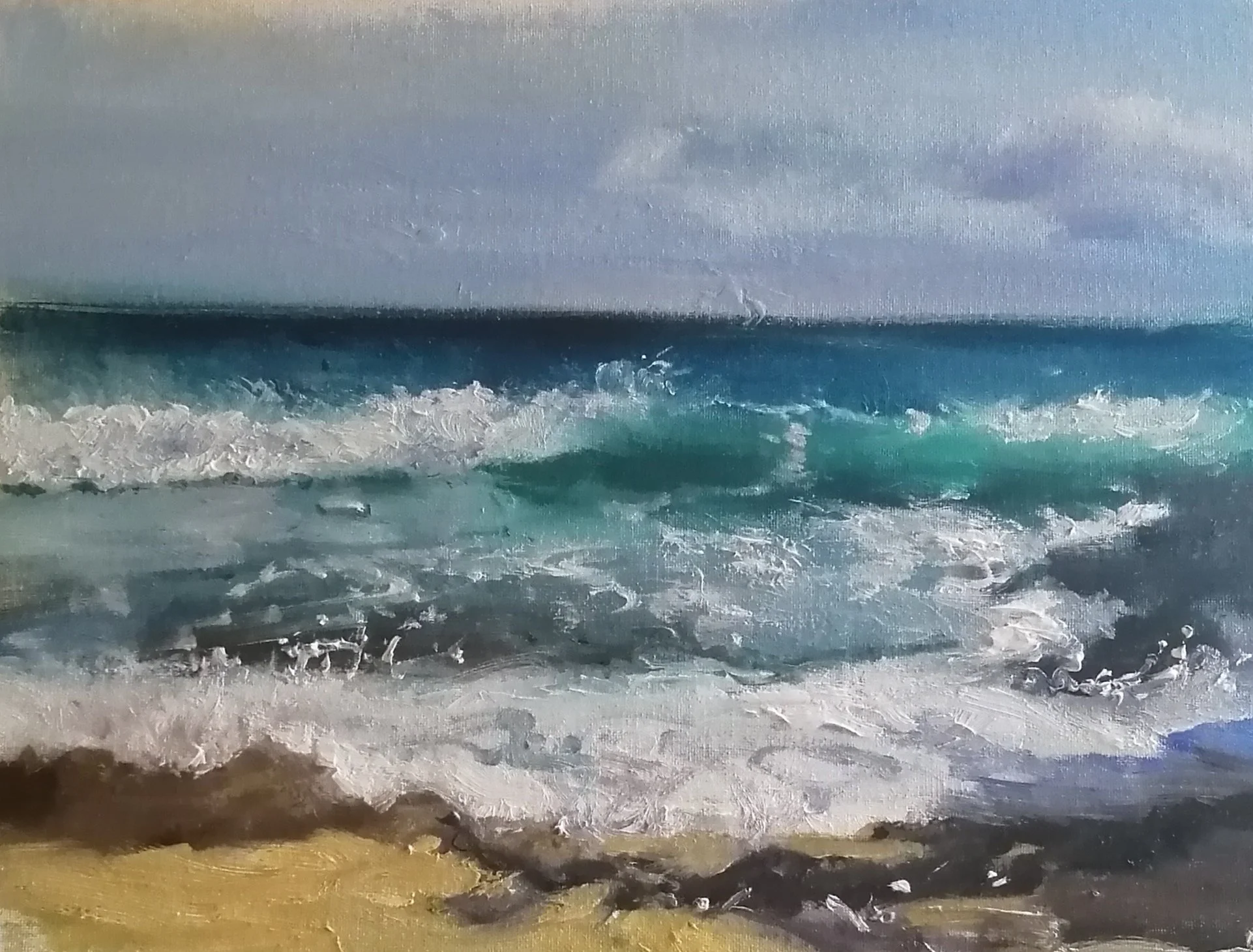  Rolling breakers at Porthchapel.  Oil on board  40×30cm  £480 