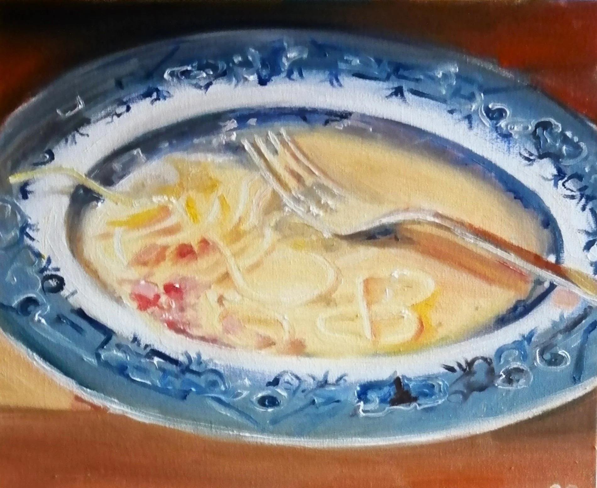  Spaghetti carbonara (2025)  Oil on board  31×26cm  £490 