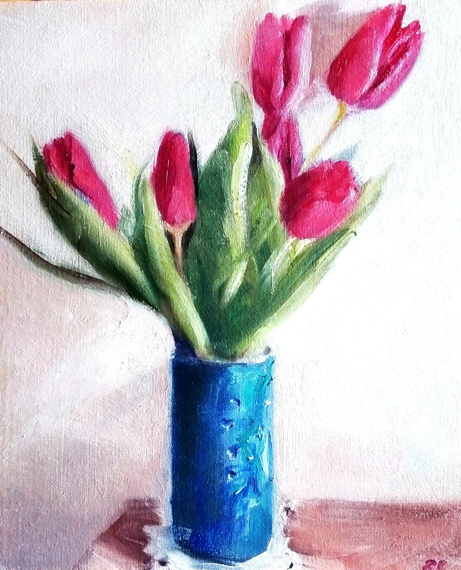 Tulips in a blue vase