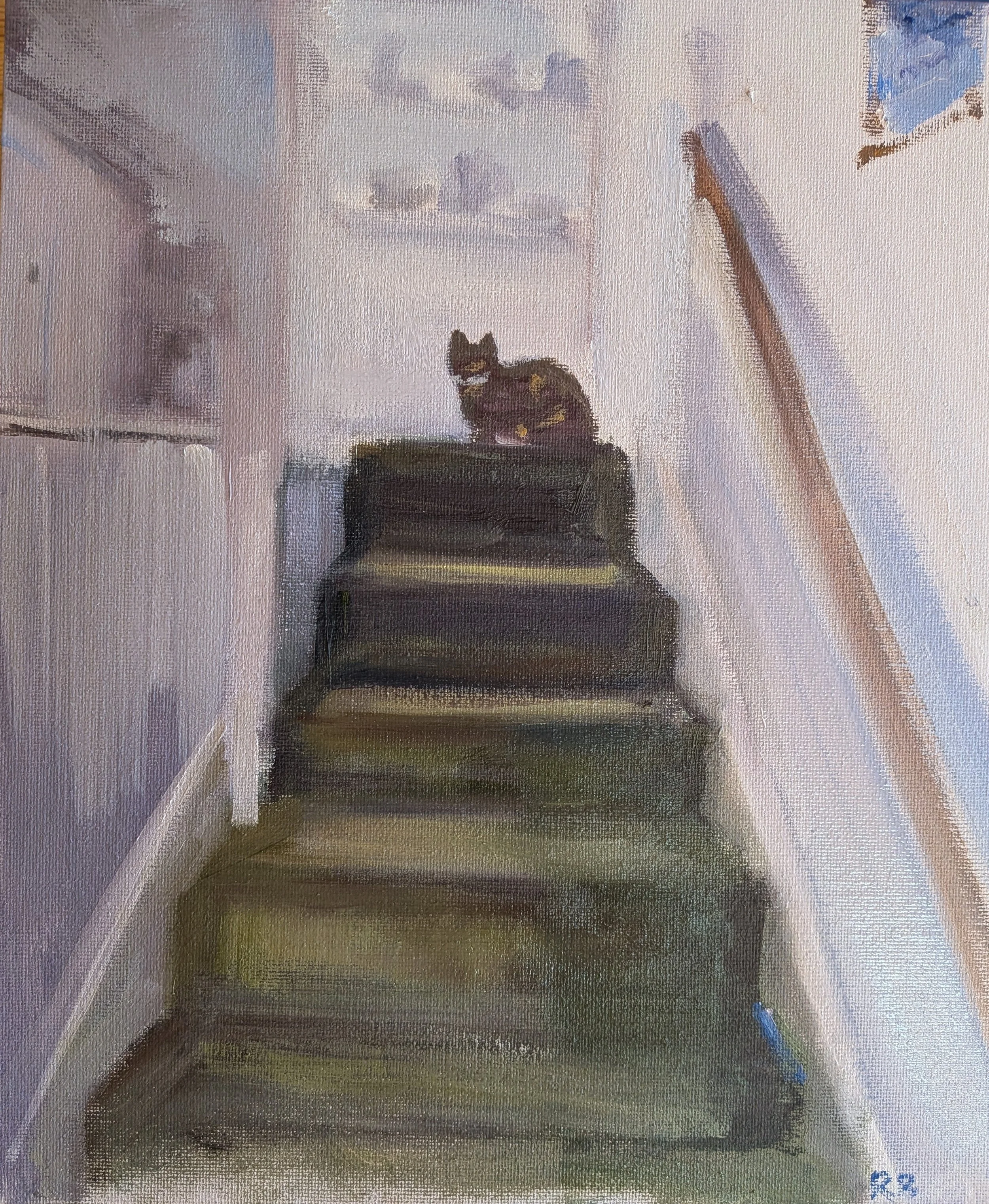  Upstairs (2026)   Oil on board  26×31cm  £490 