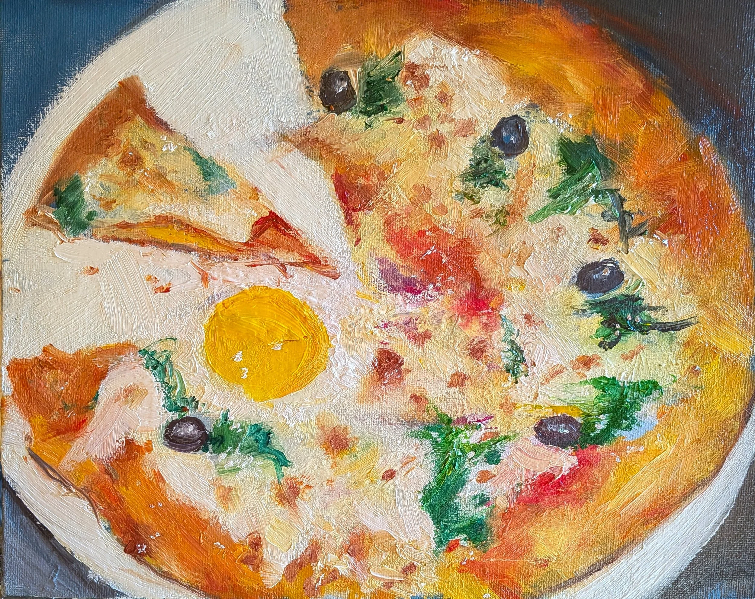  Pizza fiorentina (2026)   Oil on board  31×26cm  £500 