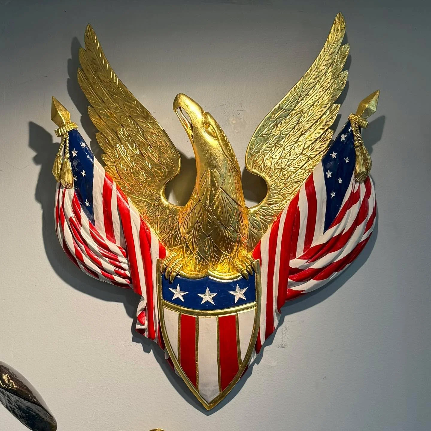 Bellamy style Eagle with Shield &amp; Crossed Flags.  This is a piece I carved earlier this year, now offered for sale. Hand carved from Eastern white pine, 20&rdquo; x 24&rdquo; x 4&rdquo;, gilded in genuine 23k gold leaf. It is a mate to one I carv