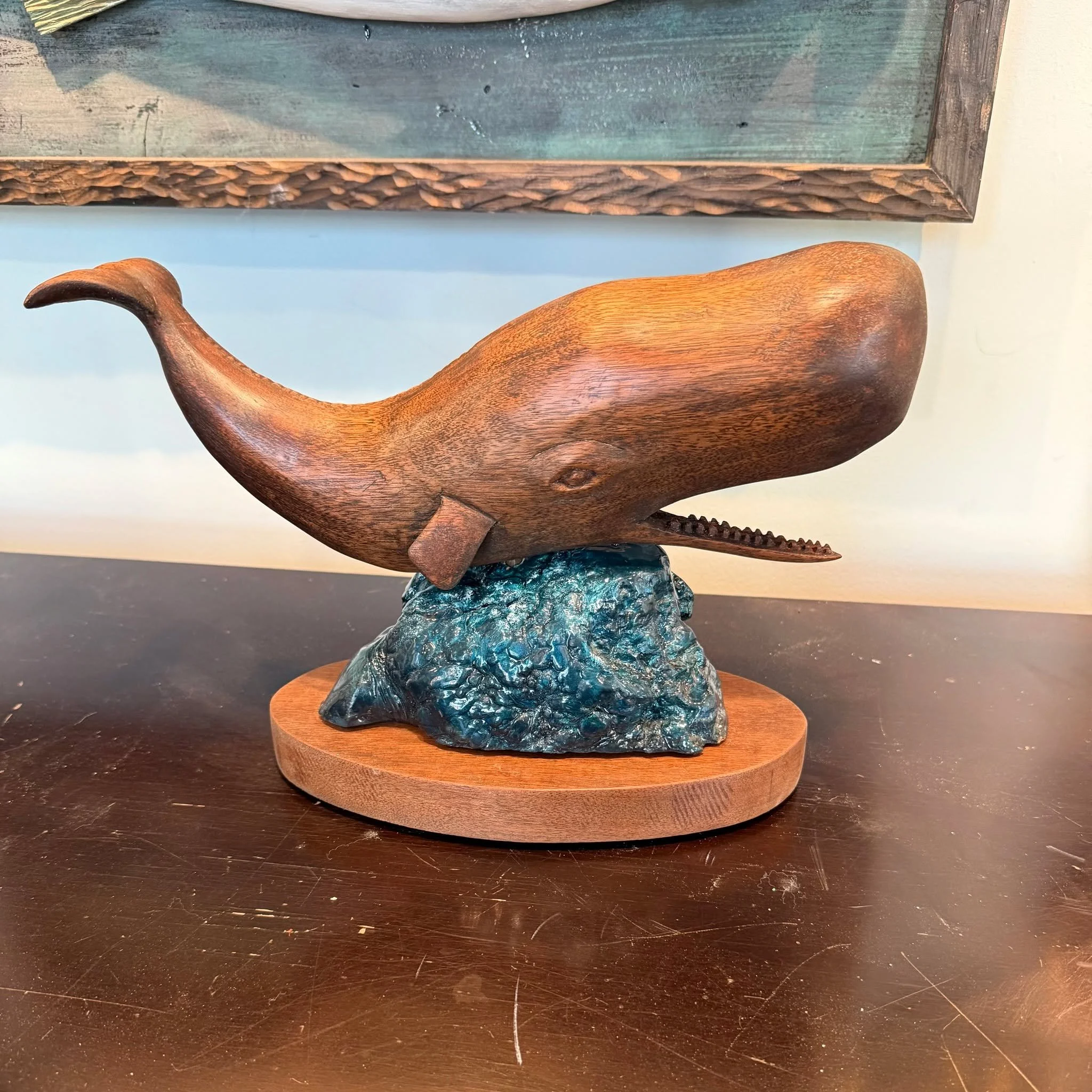 Sperm Whale Sculpture for sale...a recently completed piece...hand-carved Mahogany, 14" x 5" x3"... mounted on a painted wood burl and mahogany base, oil rubbed finish. DM for more info and price. 

 #handcarved #scituatewoodcarver #ma