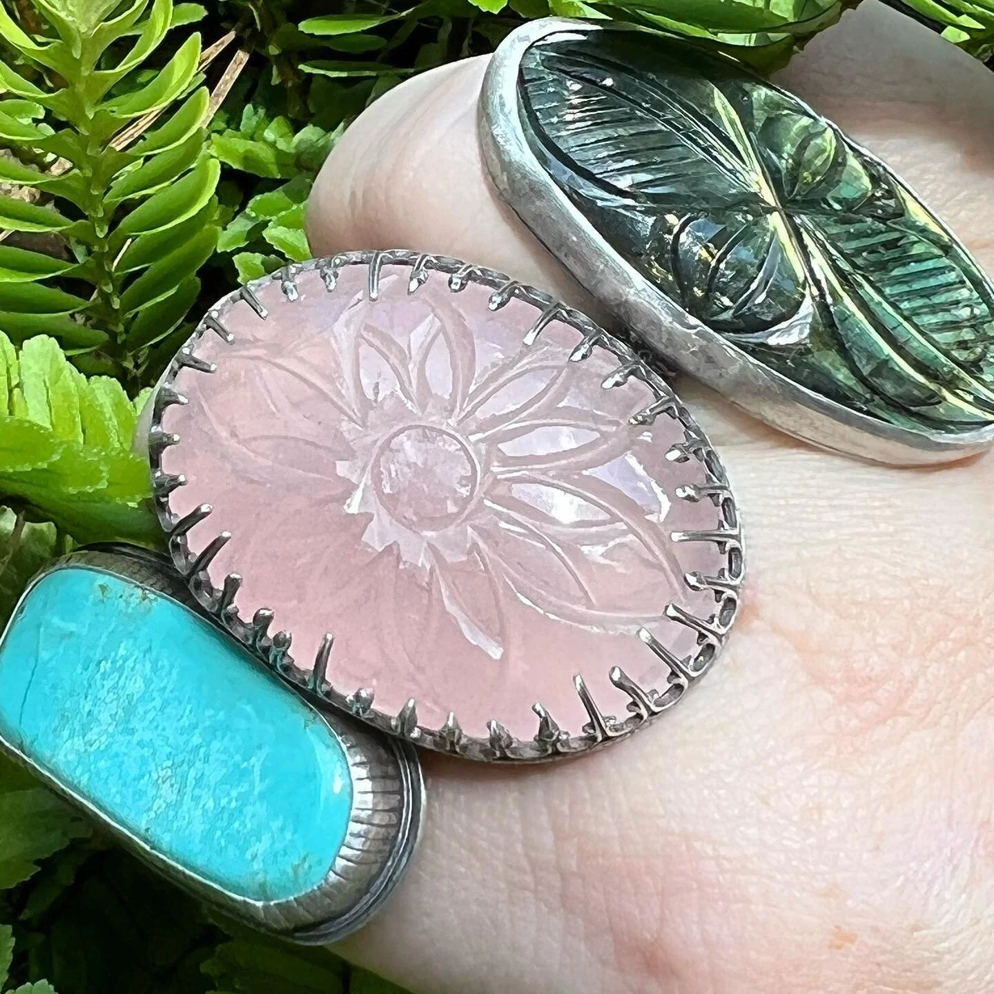 New rings! It&rsquo;s been a hot minute since I made a ring. Let me know if one catches your eye 👁✨💍

#kosmickistudio #madeinatlanta #statementearrings #ladysmith #instasmithy #silversmith #turquoise #carvedrosequartz #carvedlabradorite