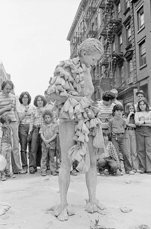 Betsy Damon, 7,000 Year Old Woman, performance on Prince Street, New York, May 21, 1977.