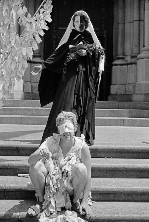 Betsy Damon, Blind Beggarwoman, performance in front of St. Patrick's Cathedral, New York, June 15, 1979.