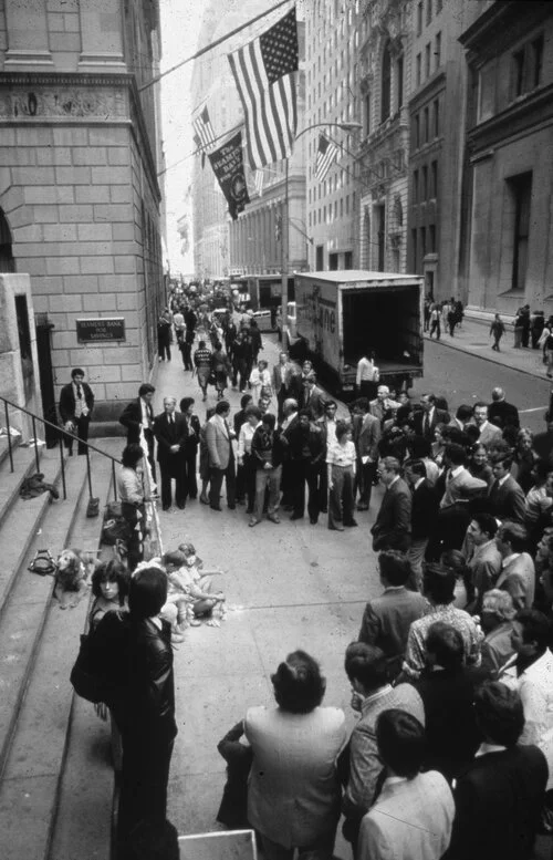 Betsy Damon, Blind Beggarwoman, performance on Wall Street, New York, October 18, 1979.
