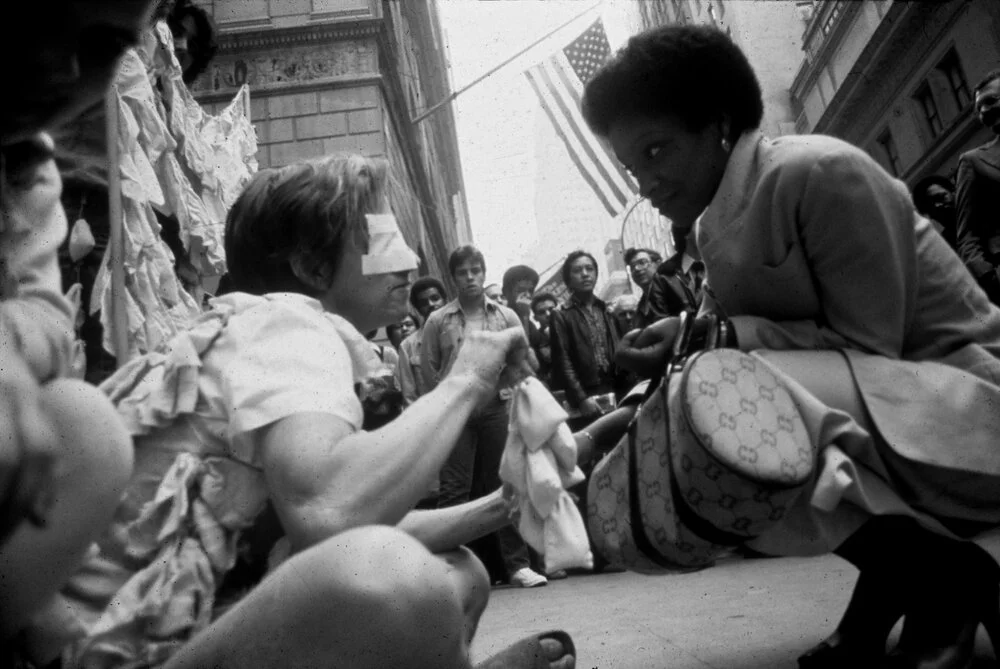 Betsy Damon, Blind Beggarwoman, performance on Wall Street, New York, October 18, 1979.