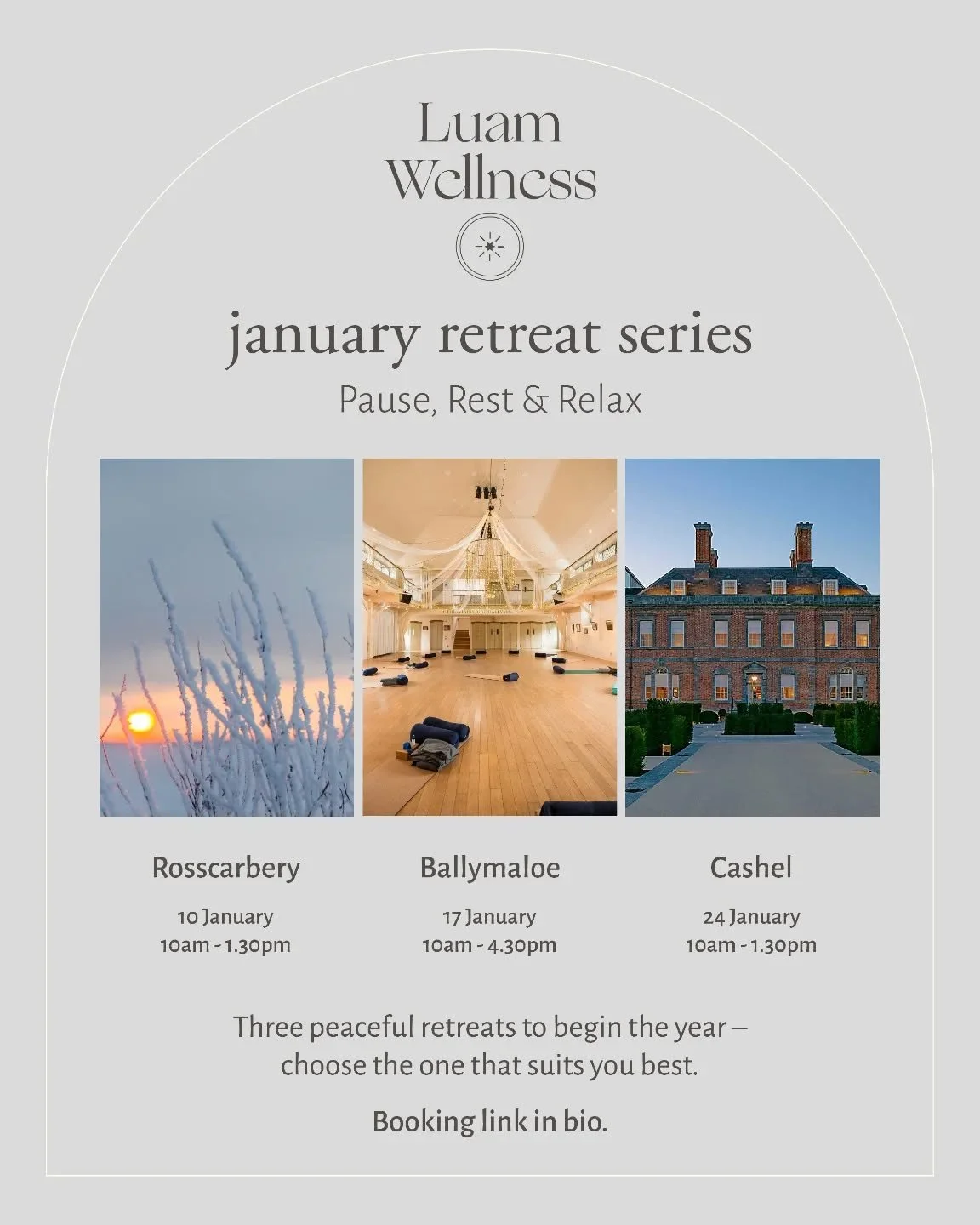 🌿&nbsp;Begin the year with calm.
I&rsquo;m delighted to share the&nbsp;Luam Wellness January Retreat Series&nbsp;&mdash; three peaceful retreats to support you to pause, slow down, and rest as the new year begins.
At a time when everything around us