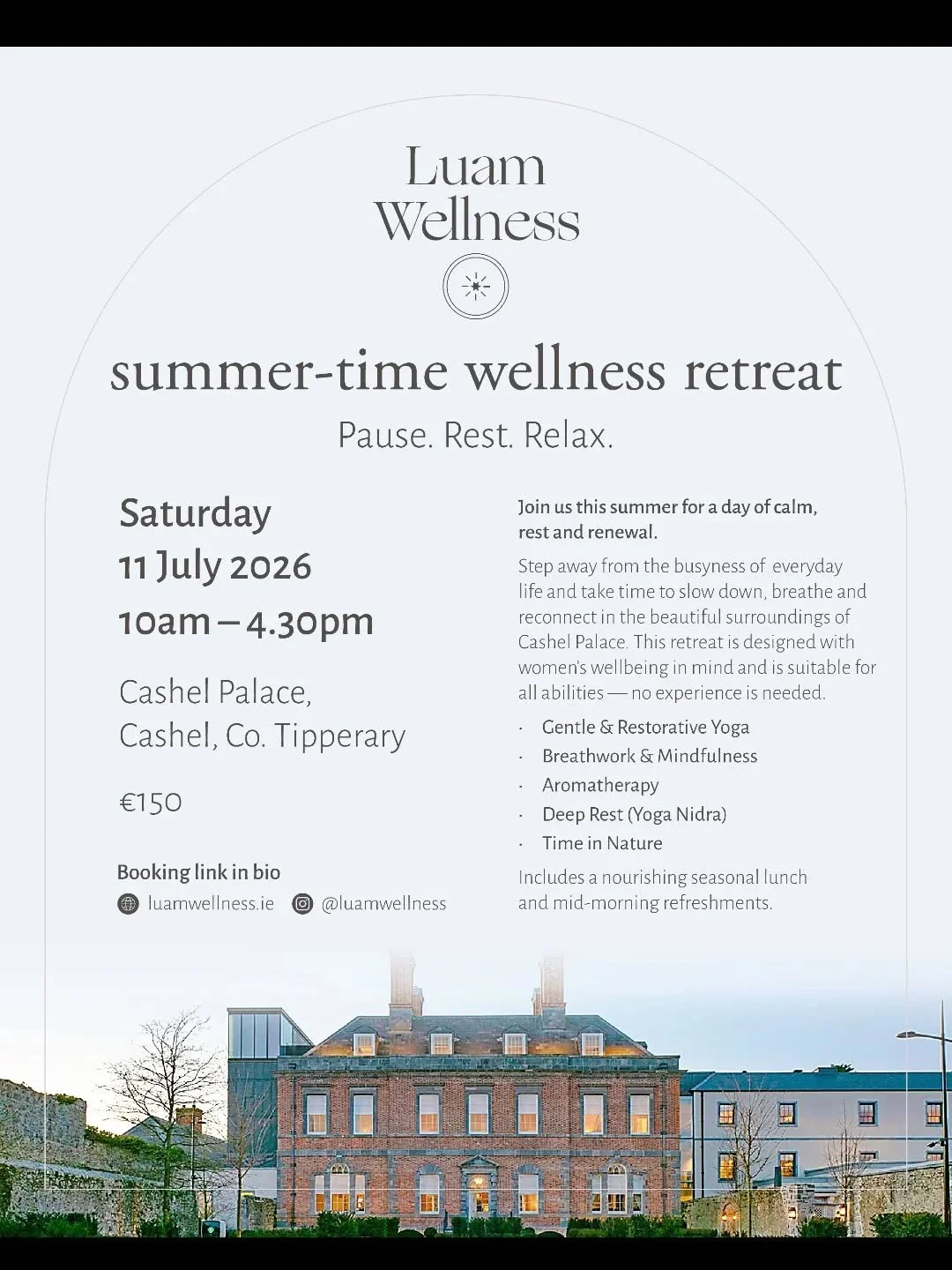 A gentle summer day at Cashel Palace 🌿
Set in the beautiful and peaceful surroundings of Cashel Palace, this day offers a chance to step away from the busyness of everyday life and take time to slow down, breathe, and rest.
There&rsquo;s something s