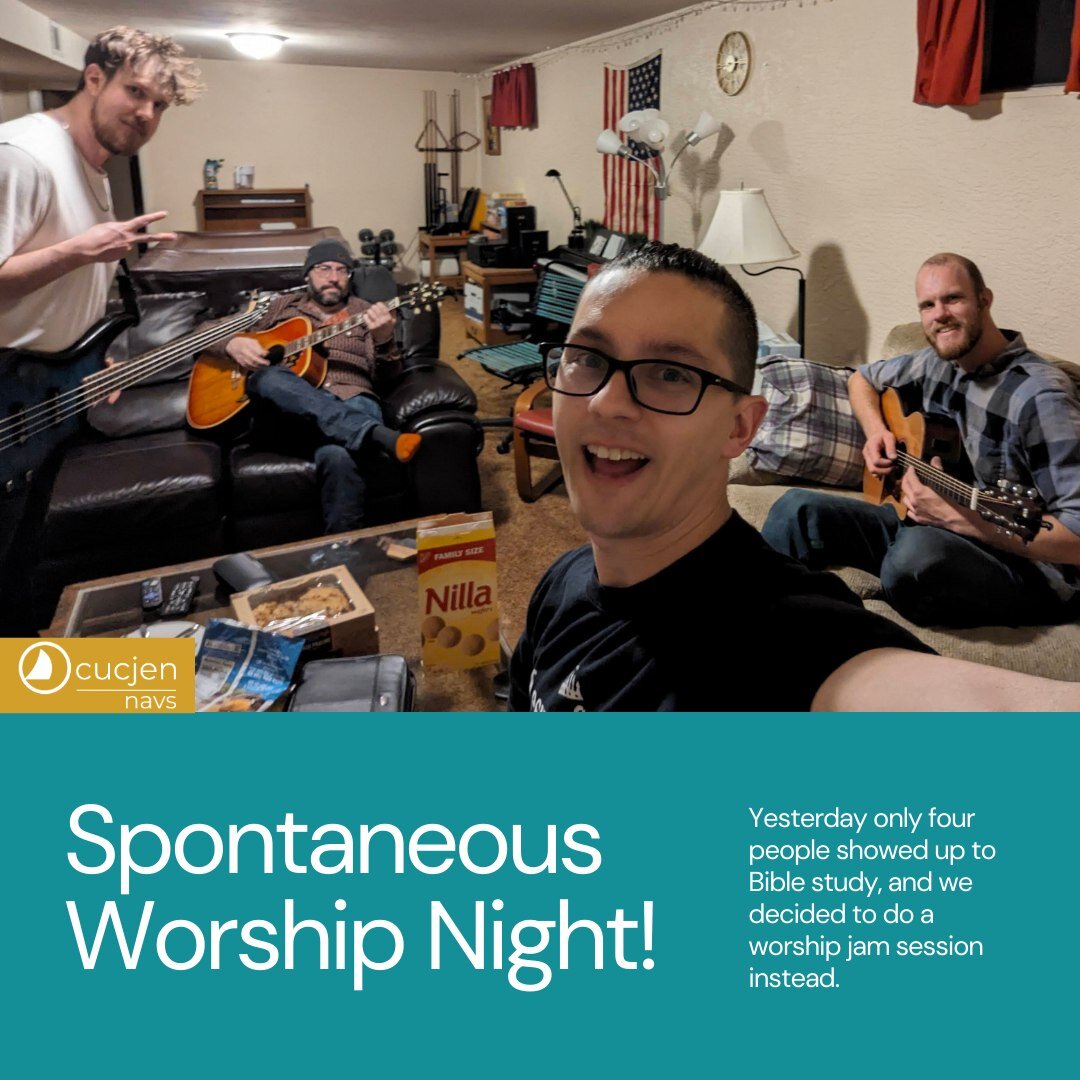 Last night at our regular Bible study only four of us could make it. We all wanted to play some worship, so we called an audible and just jammed out! Praise the Lord!

#cucjennavs #thenavigators #discipleship #worshipnight  #biblestudies