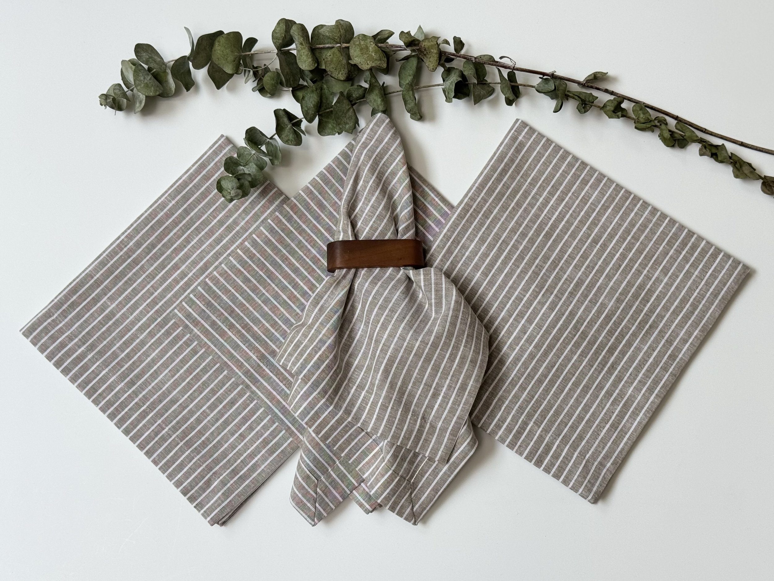 Servilletas Lino Algodón Olivo-Natural Rayas (Set 4 piezas)
