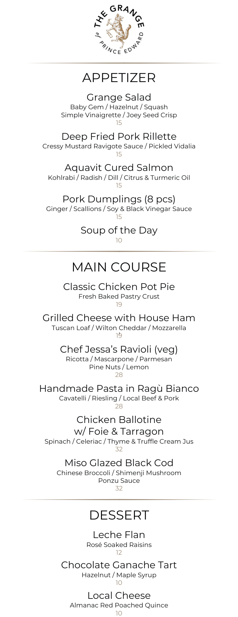 Menus Grange Of Prince Edward Winery