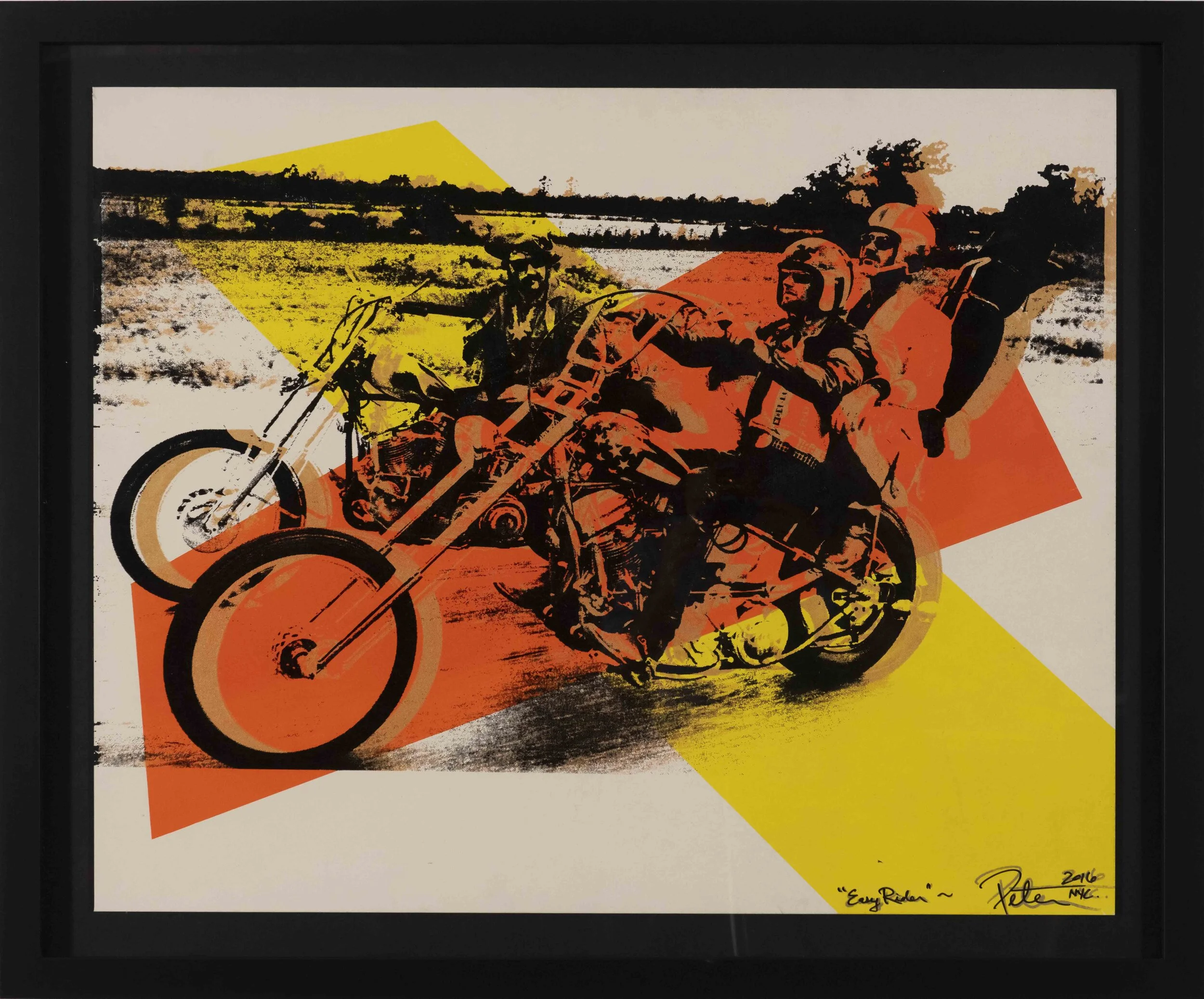 A framed artwork showing three people riding a motorcycle in a rural landscape, with abstract yellow and orange shapes in the background. The artwork is signed by Pete from NYC in 2016, titled 'Easy Rider'.