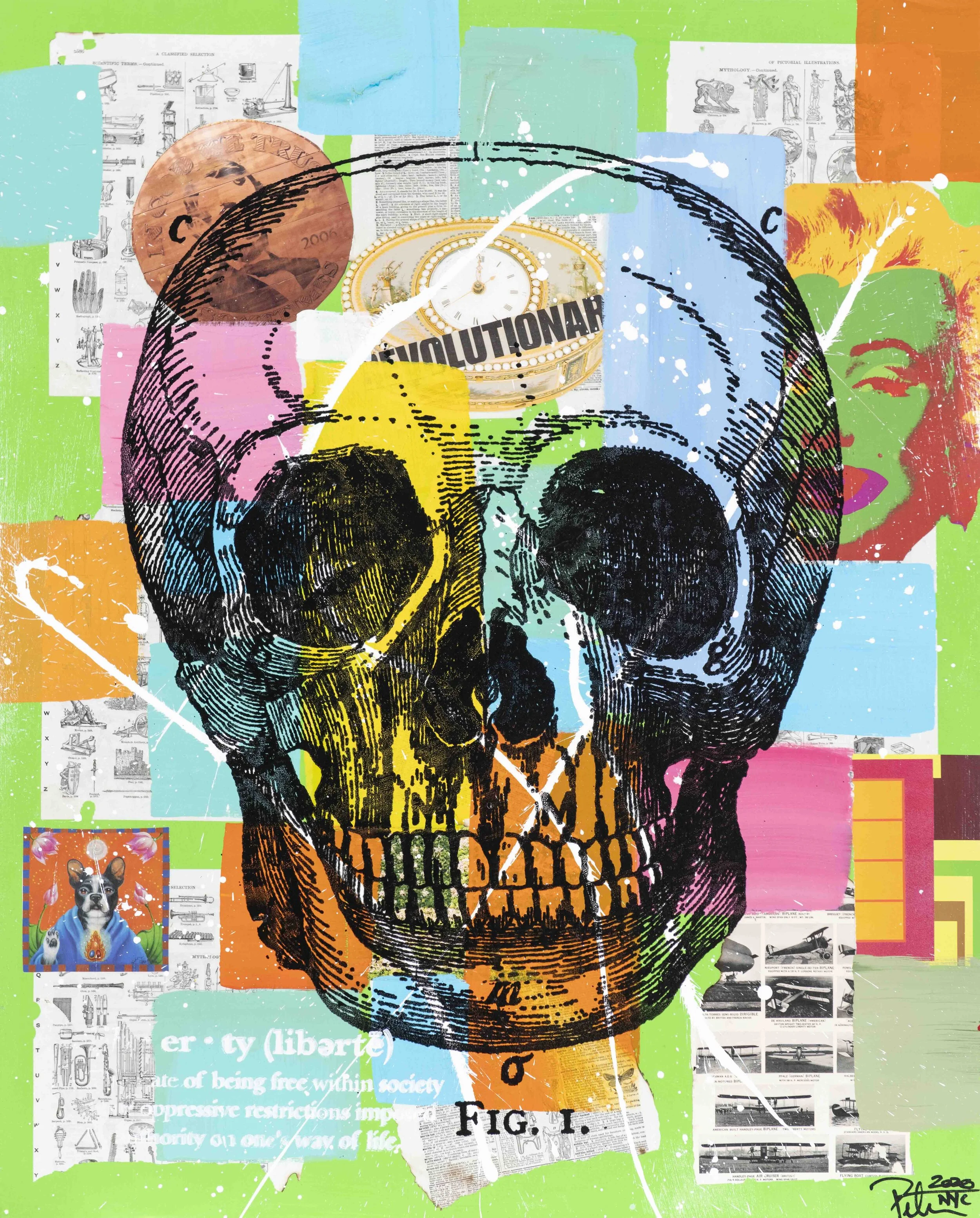 A colorful collage featuring a black skull illustration, a clock, various magazine cutouts, and graffiti-style elements.