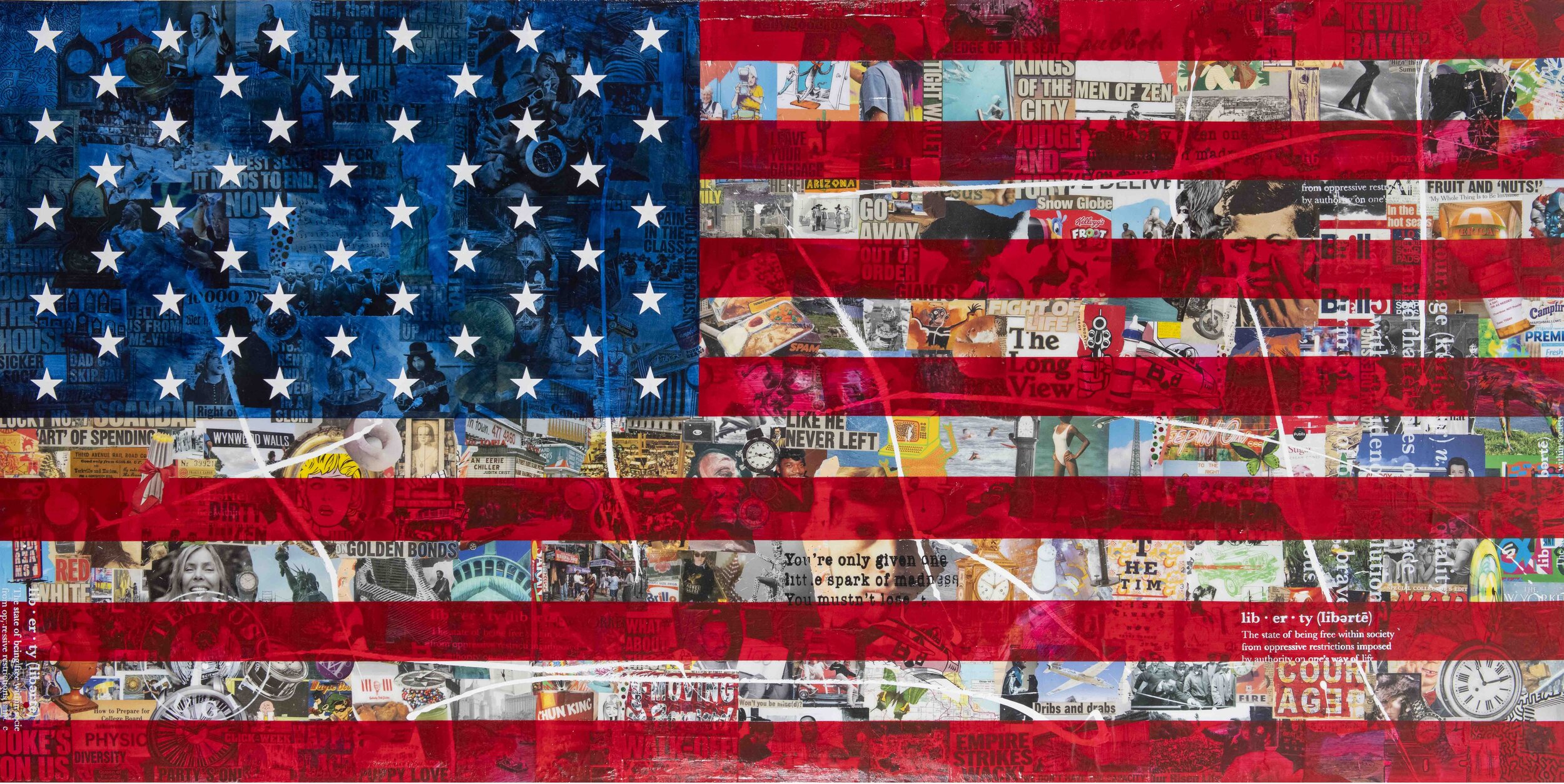 Collage of various magazine clippings with an overlaid American flag, showing the flag's stars and stripes.
