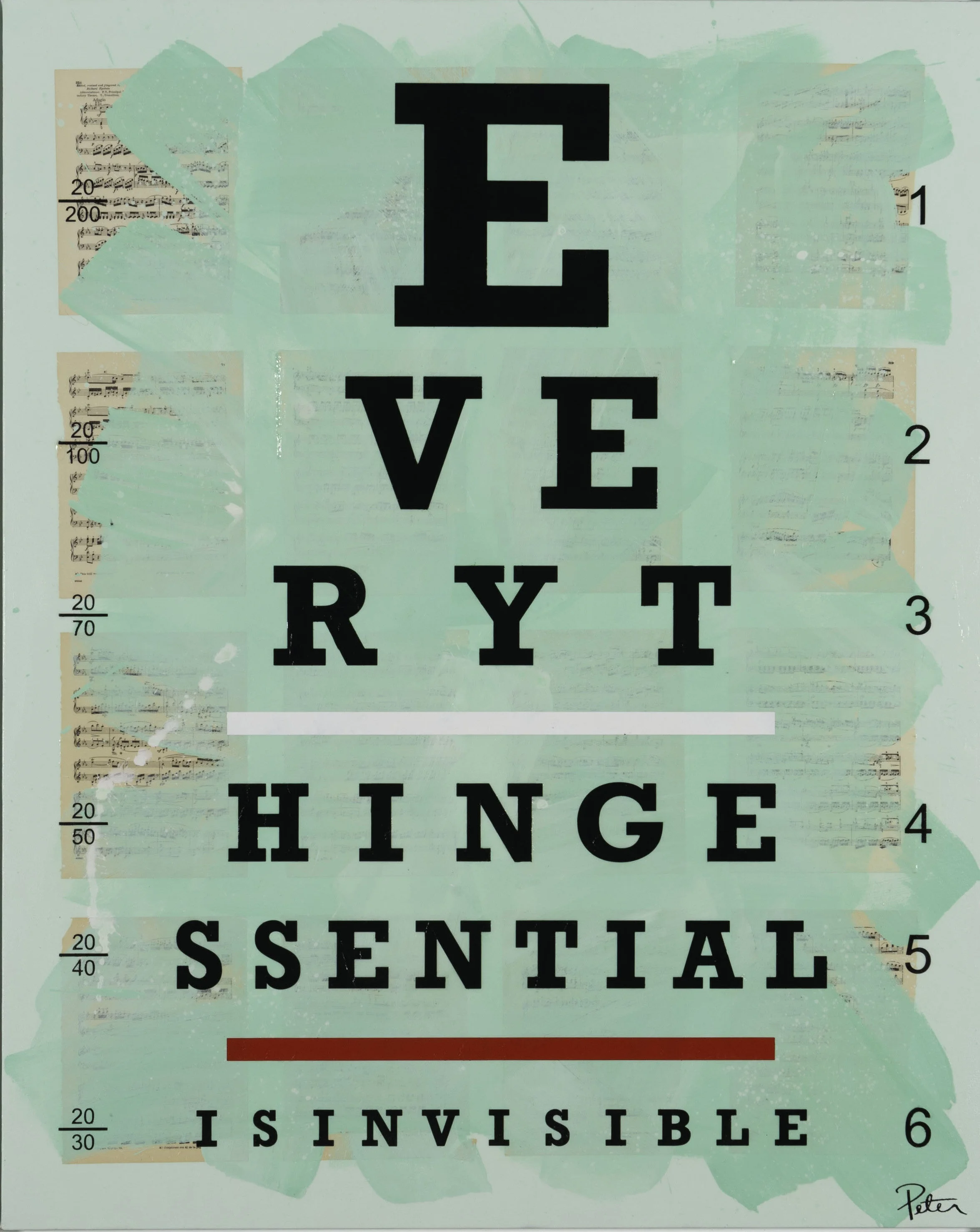Eye chart with the words 'EVERYTHING HINGE ESSENTIAL INVISIBLE' arranged in decreasing size, with an abstract background featuring hand-painted green strokes.