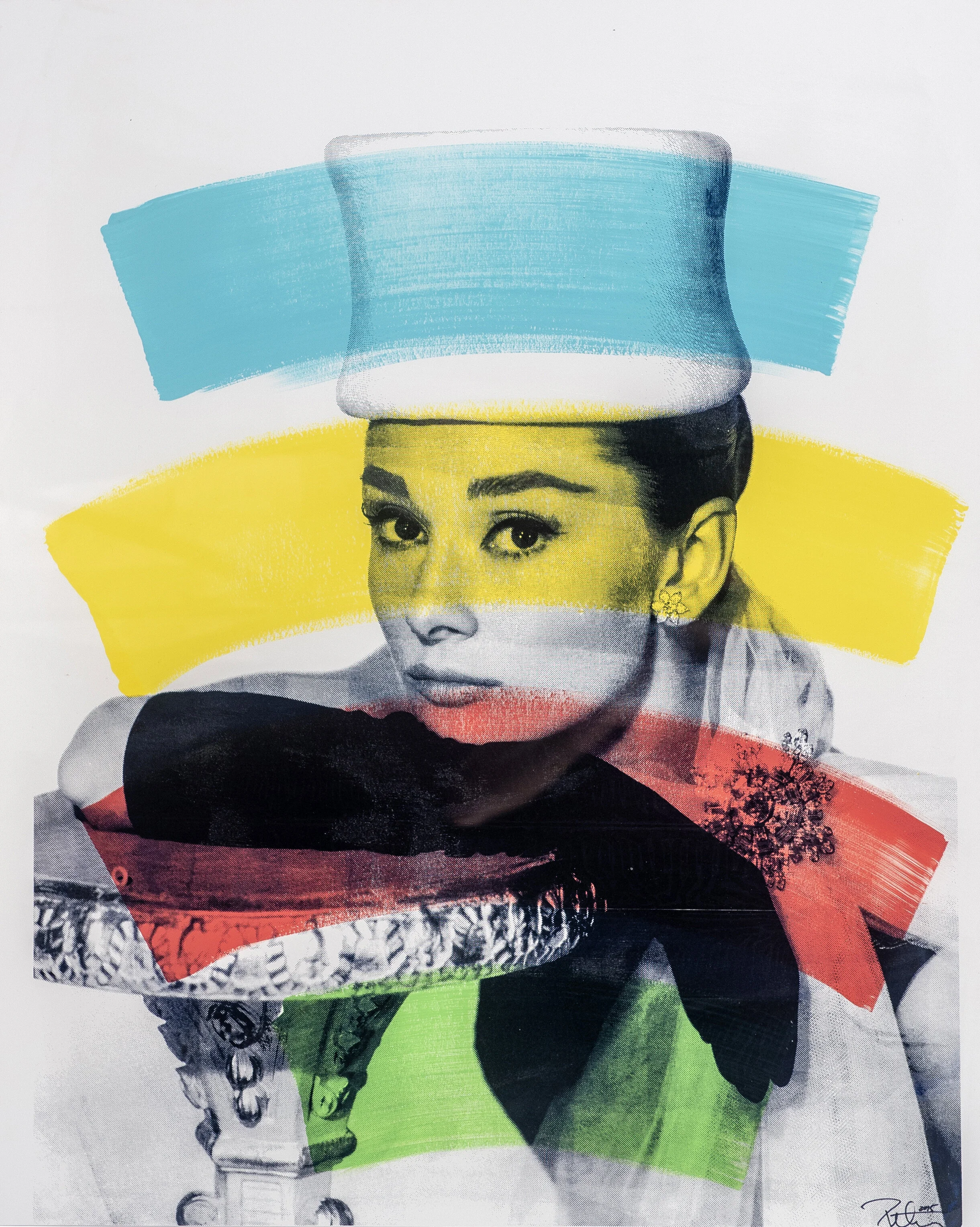 A black-and-white photograph of a woman with makeup and earrings, overlaid with horizontal brushstrokes in blue, yellow, red, and green.