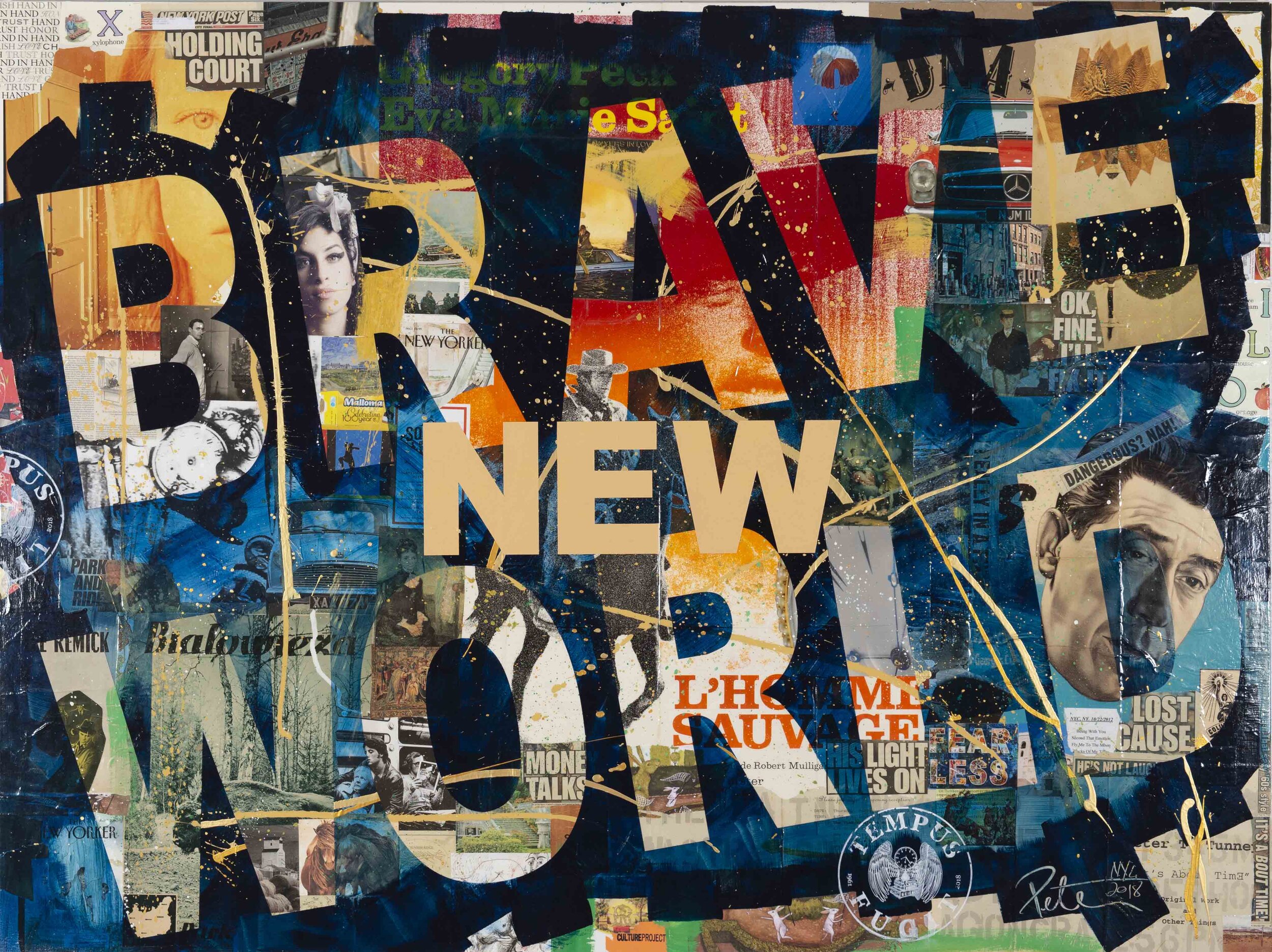 A collage of various magazine clippings, photos, and text layered on top of each other with the phrase 'BRAVE NEW WORLD' prominently in the center, featuring bold, colorful elements and abstract paint splashes.