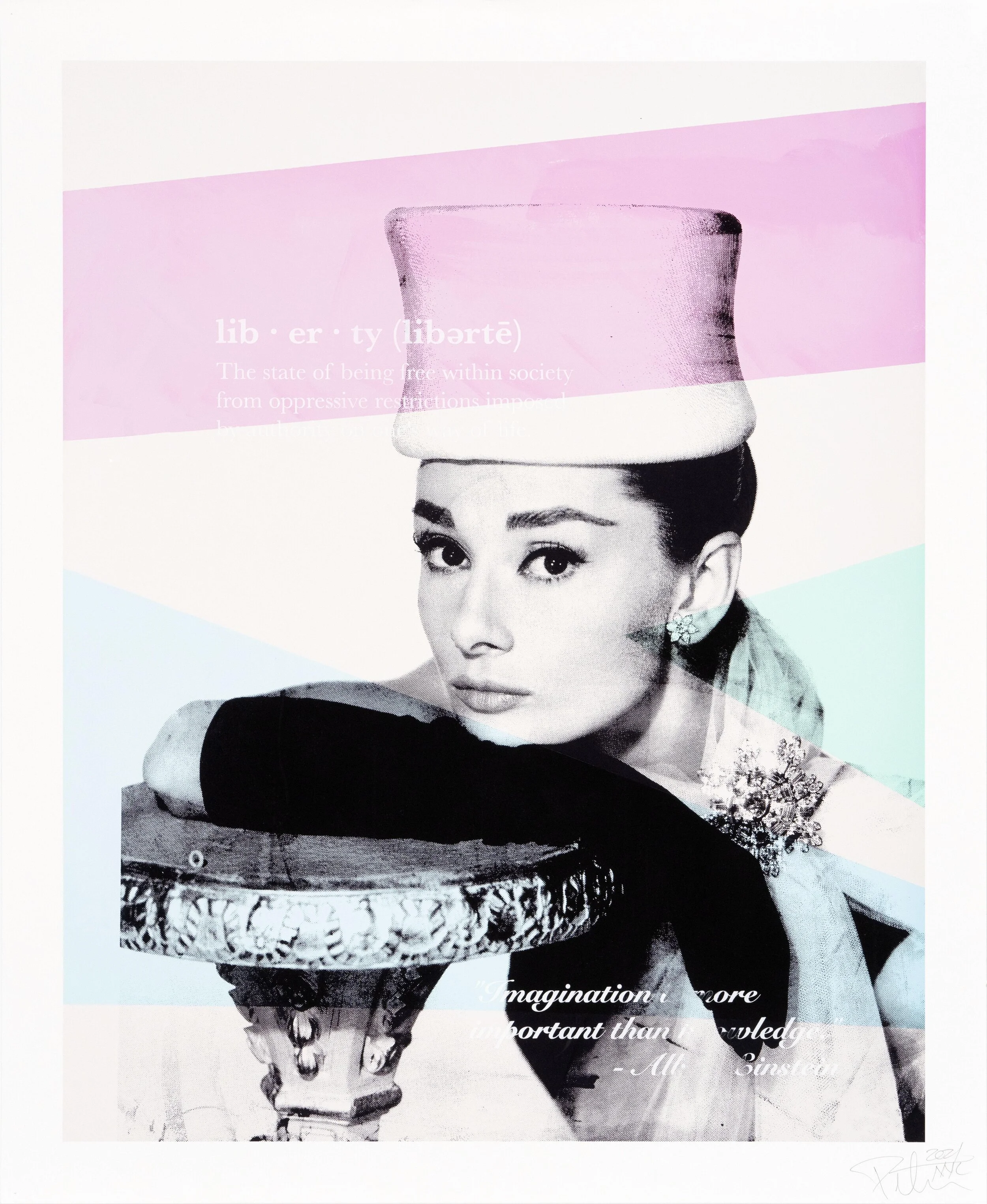 A black and white photograph of a woman with a large, soft hat, resting her head on her arm on a decorative table, with pink and blue abstract color overlays, and text about liberty and imagination.