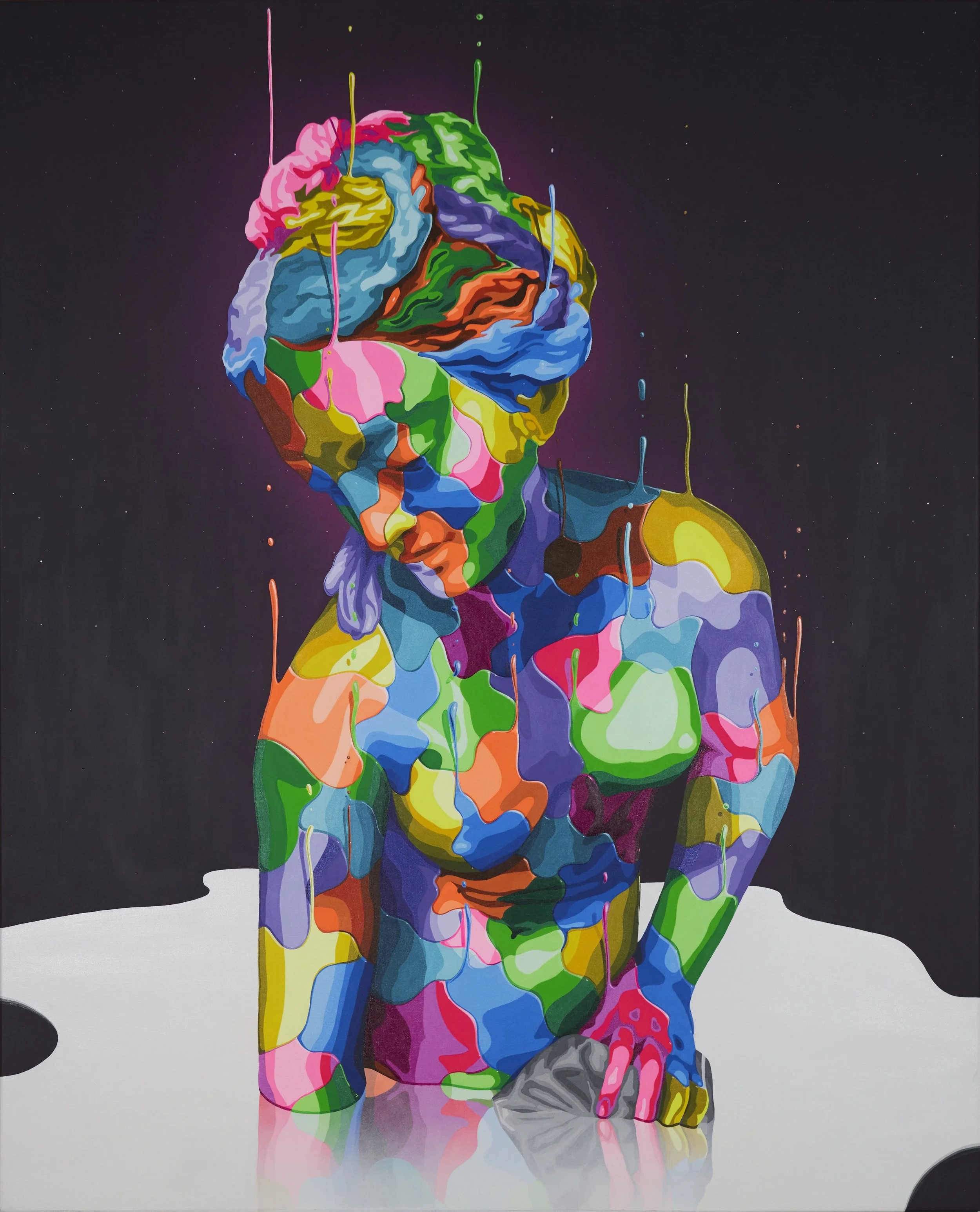 Colorful abstract portrait of a standing person with vivid, swirling colors covering their face, torso, and arms against a dark background.