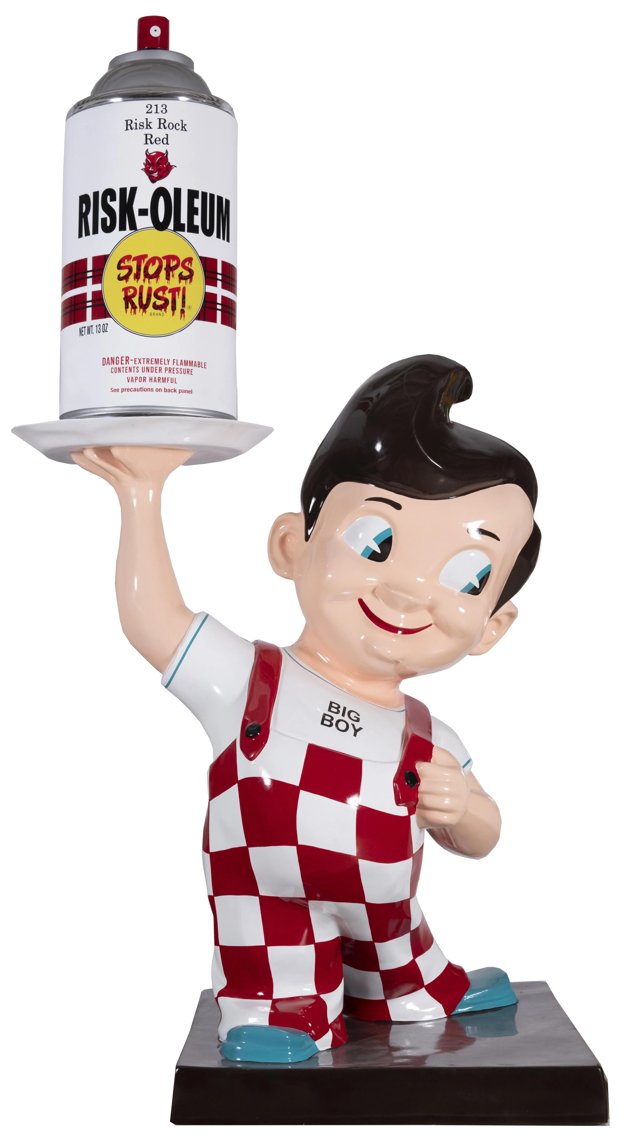 A Big Boy figurine with checkered overalls holding a spray can labeled "Risk-Oleum Stops Rust" on a tray.