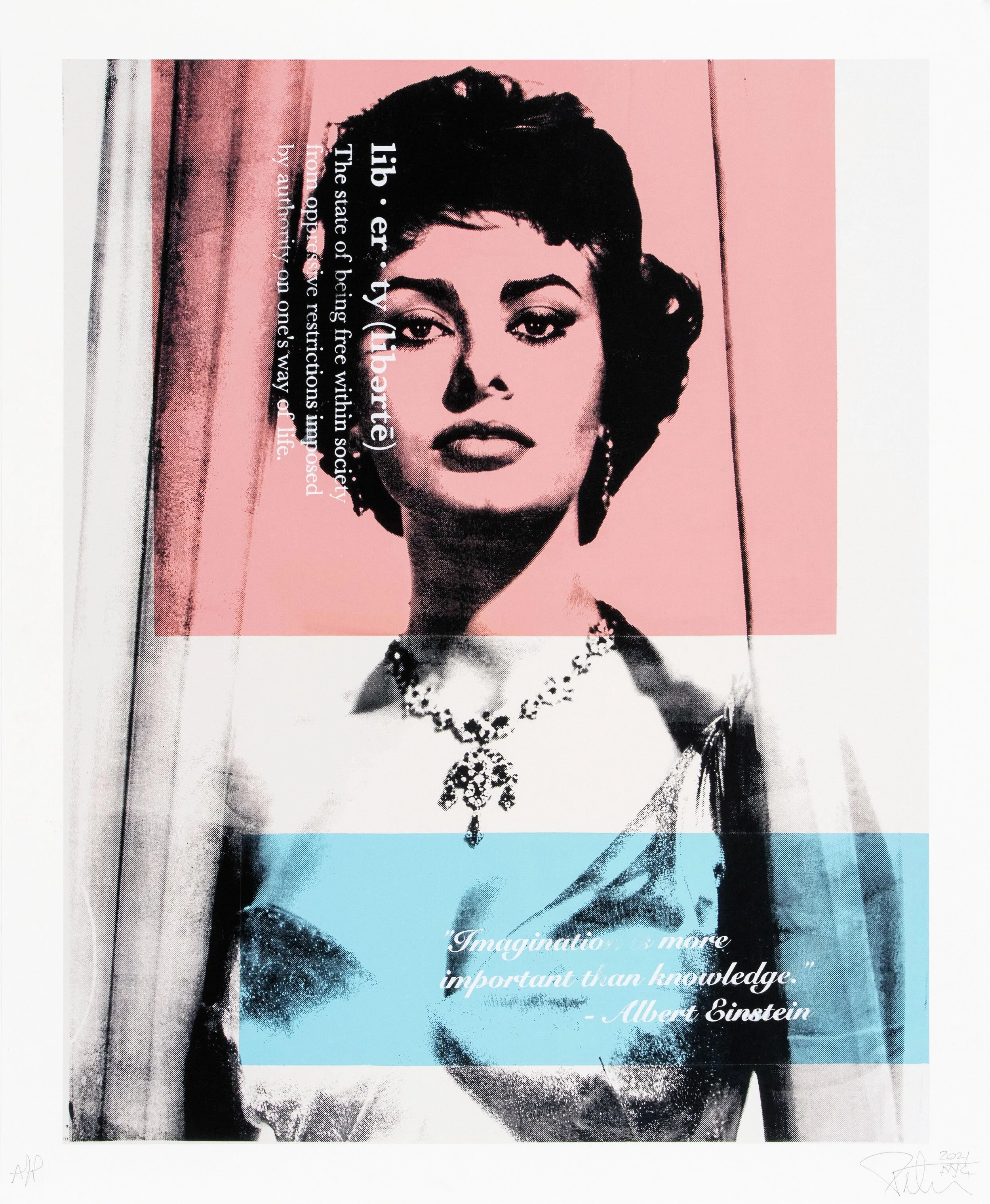 Black and white photo of a woman in formal attire wearing a necklace and earrings, with pink and blue color blocks overlayed and text including a quote by Albert Einstein.