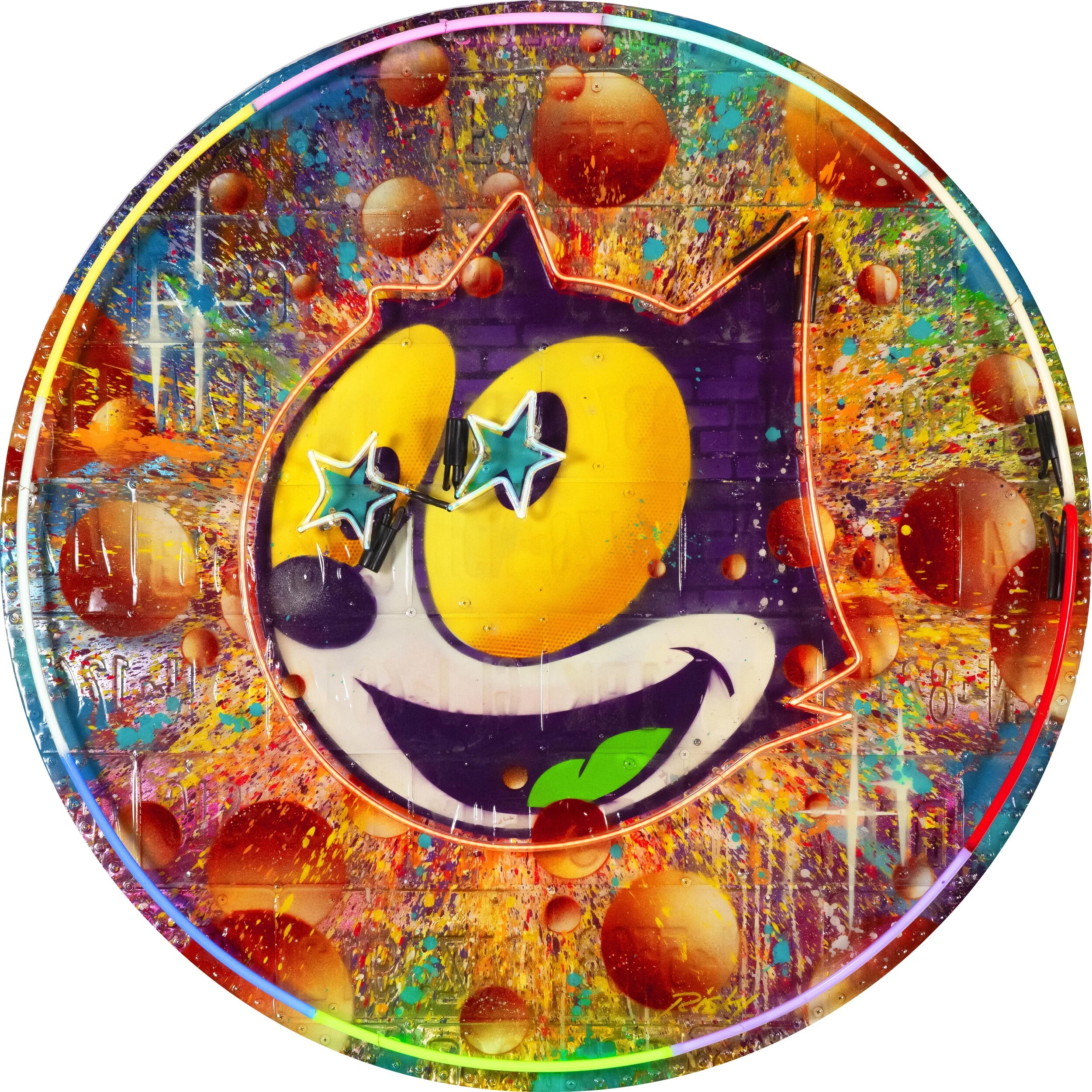 Colorful neon sign of a smiling cartoon face with large yellow eyes, a green tongue, and star-shaped glasses, surrounded by multicolored splashes and glowing orbs.