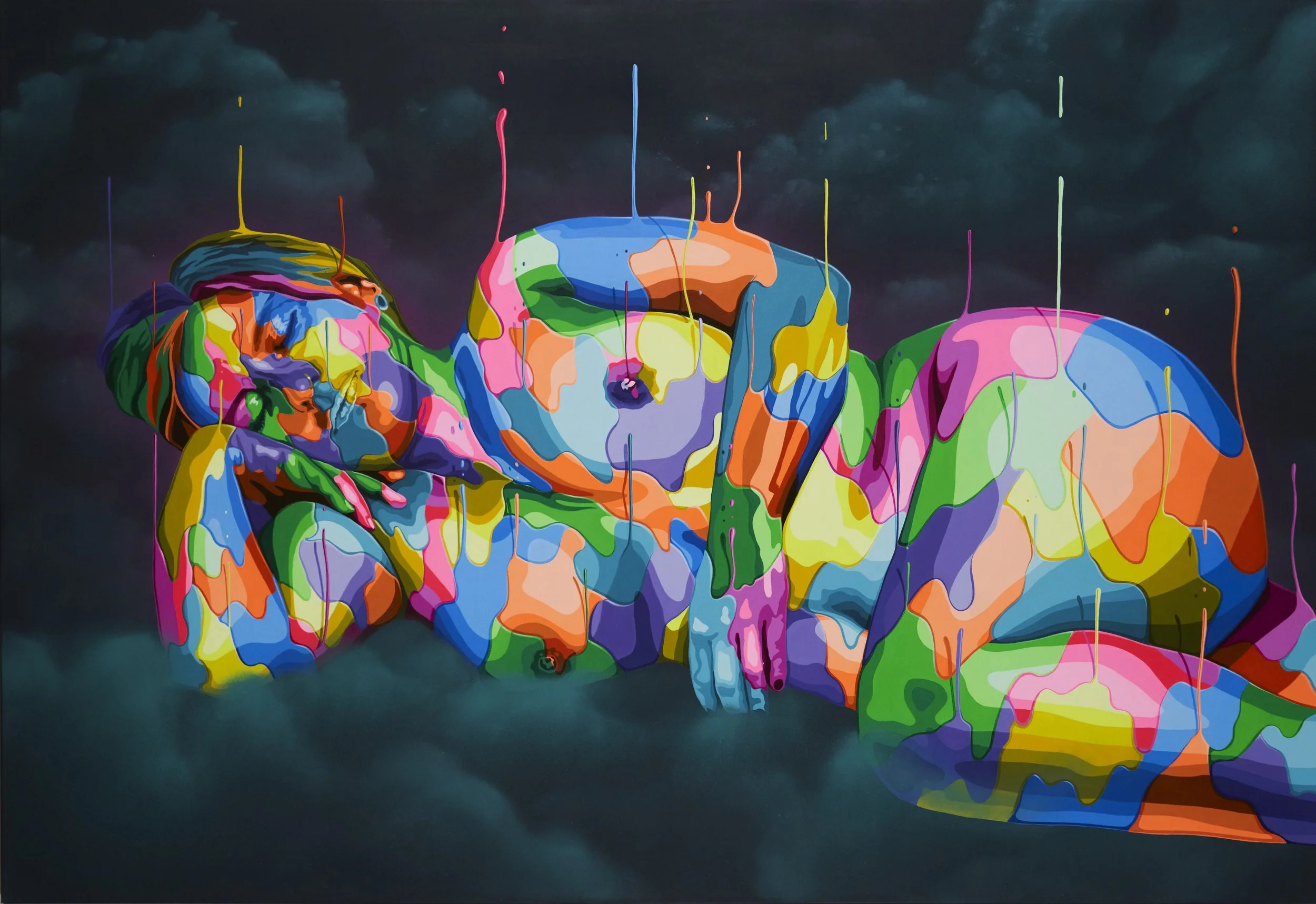 Colorful abstract digital art piece resembling the faces of women with vibrant, flowing, and dripping paint effects on dark background.